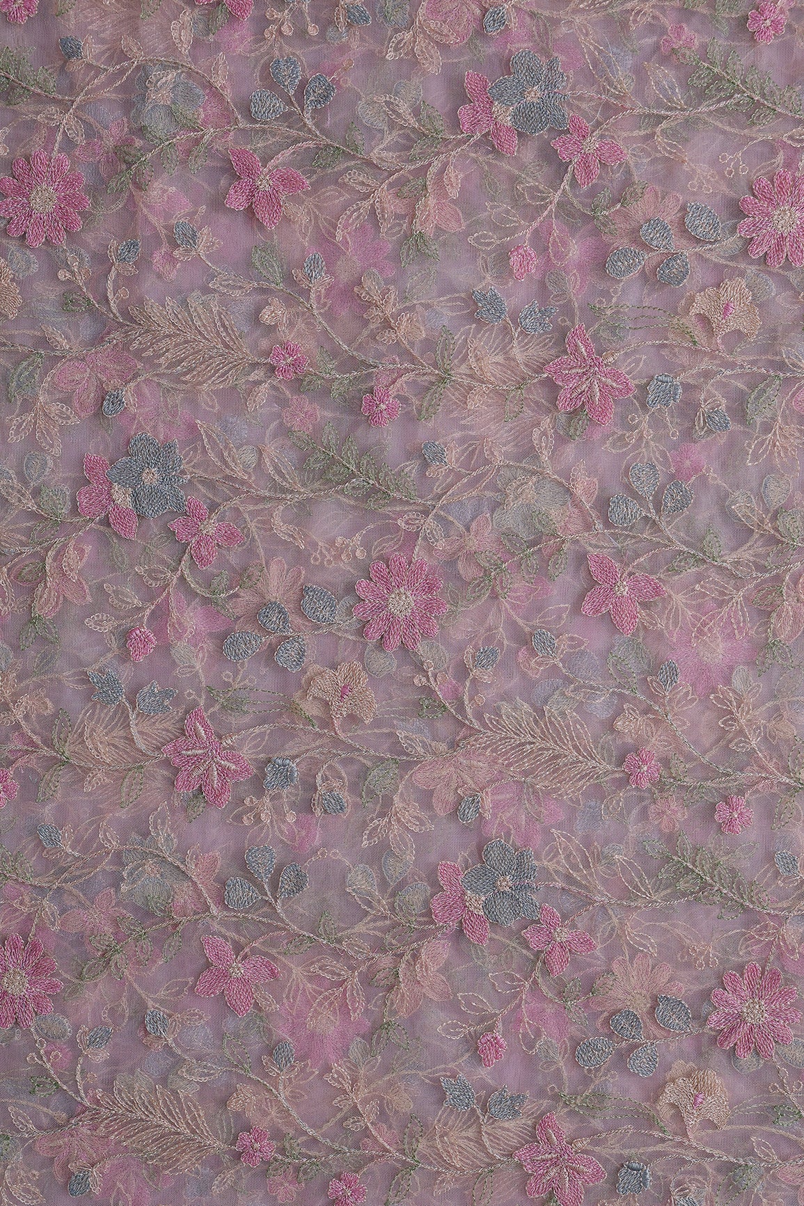 Multi Colour Floral Thread Embroidery Work On Pink Soft Net Fabric