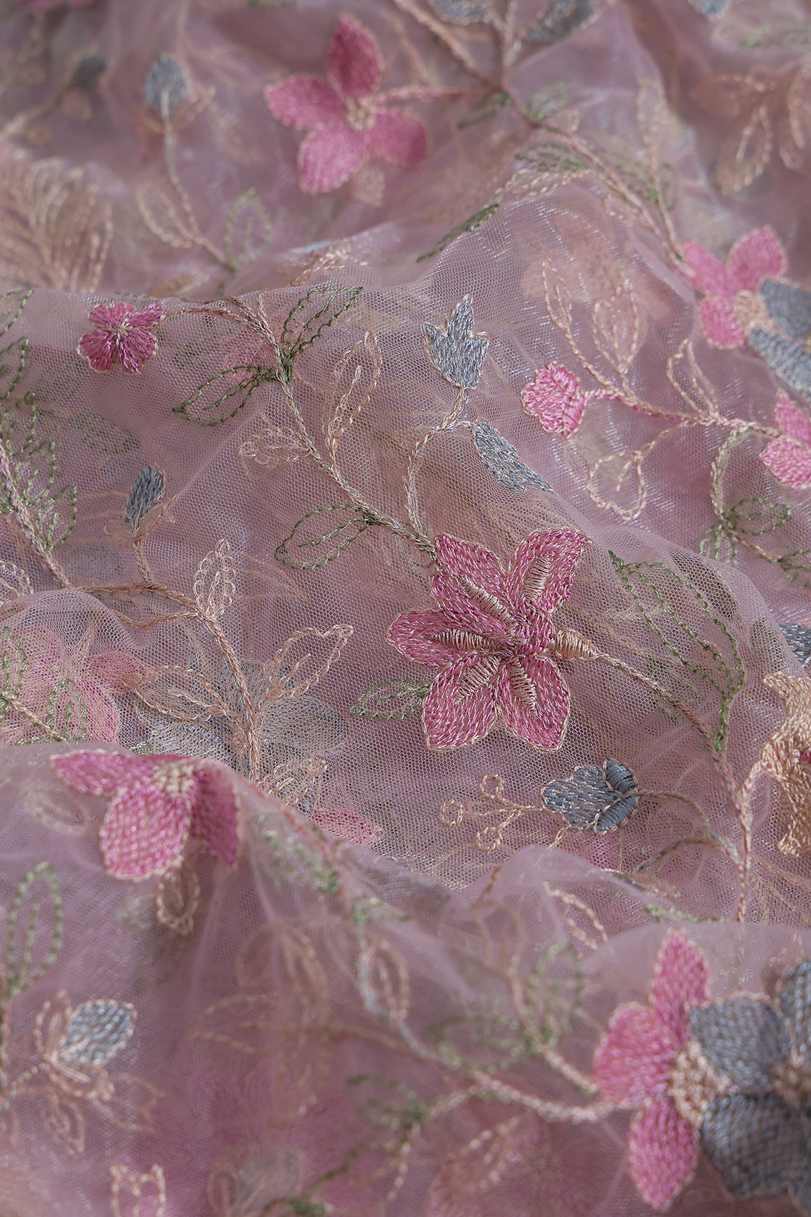 Multi Colour Floral Thread Embroidery Work On Pink Soft Net Fabric
