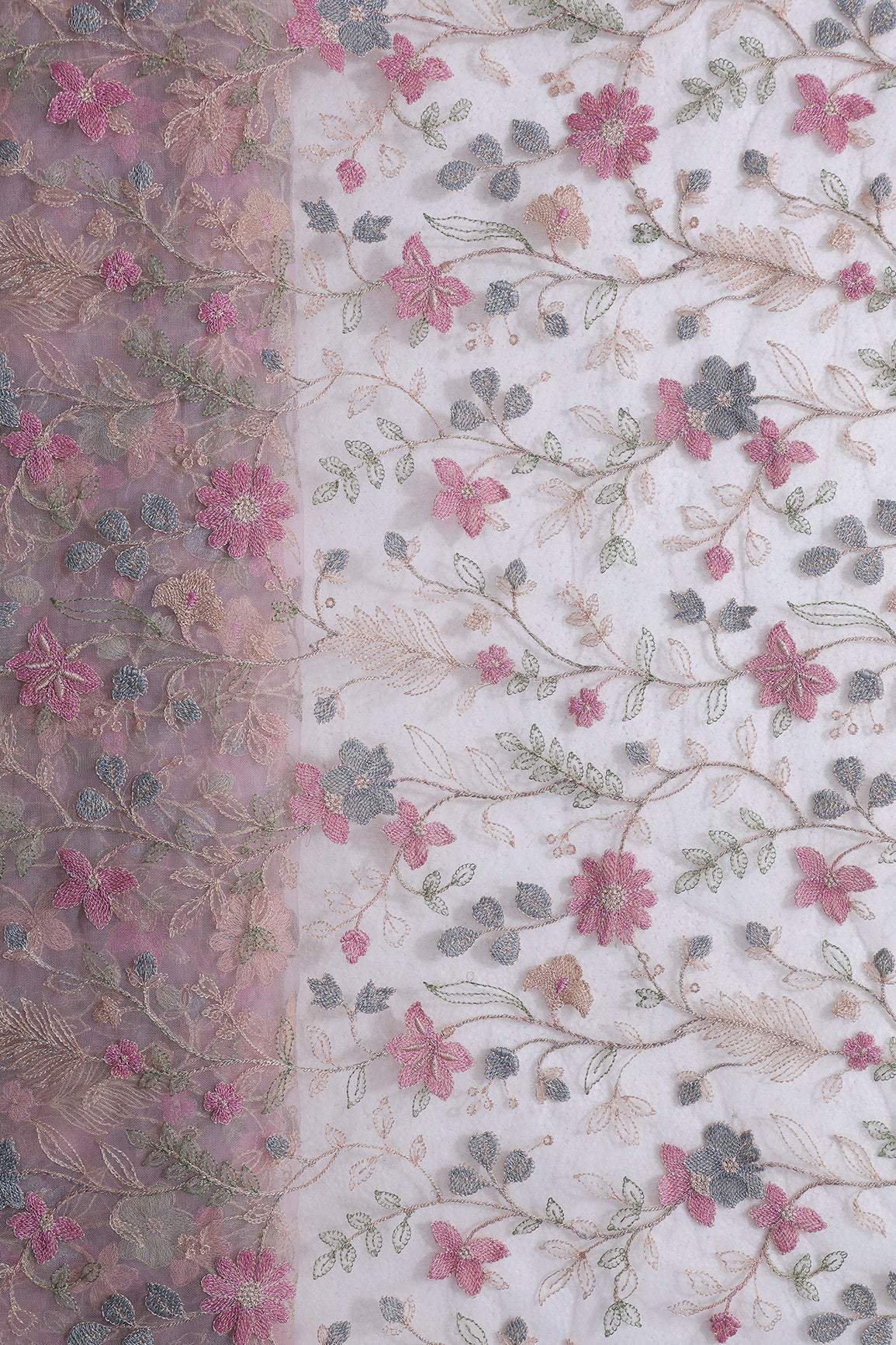 Multi Colour Floral Thread Embroidery Work On Pink Soft Net Fabric
