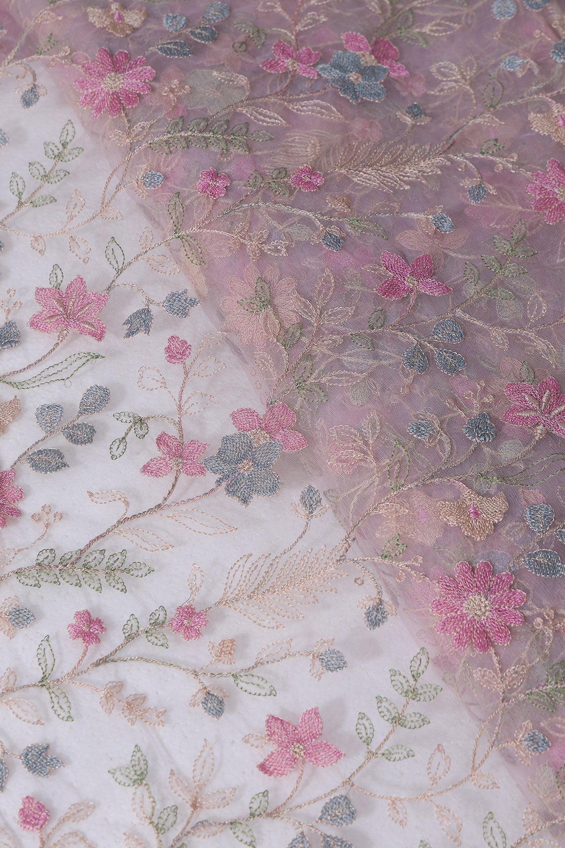 Multi Colour Floral Thread Embroidery Work On Pink Soft Net Fabric