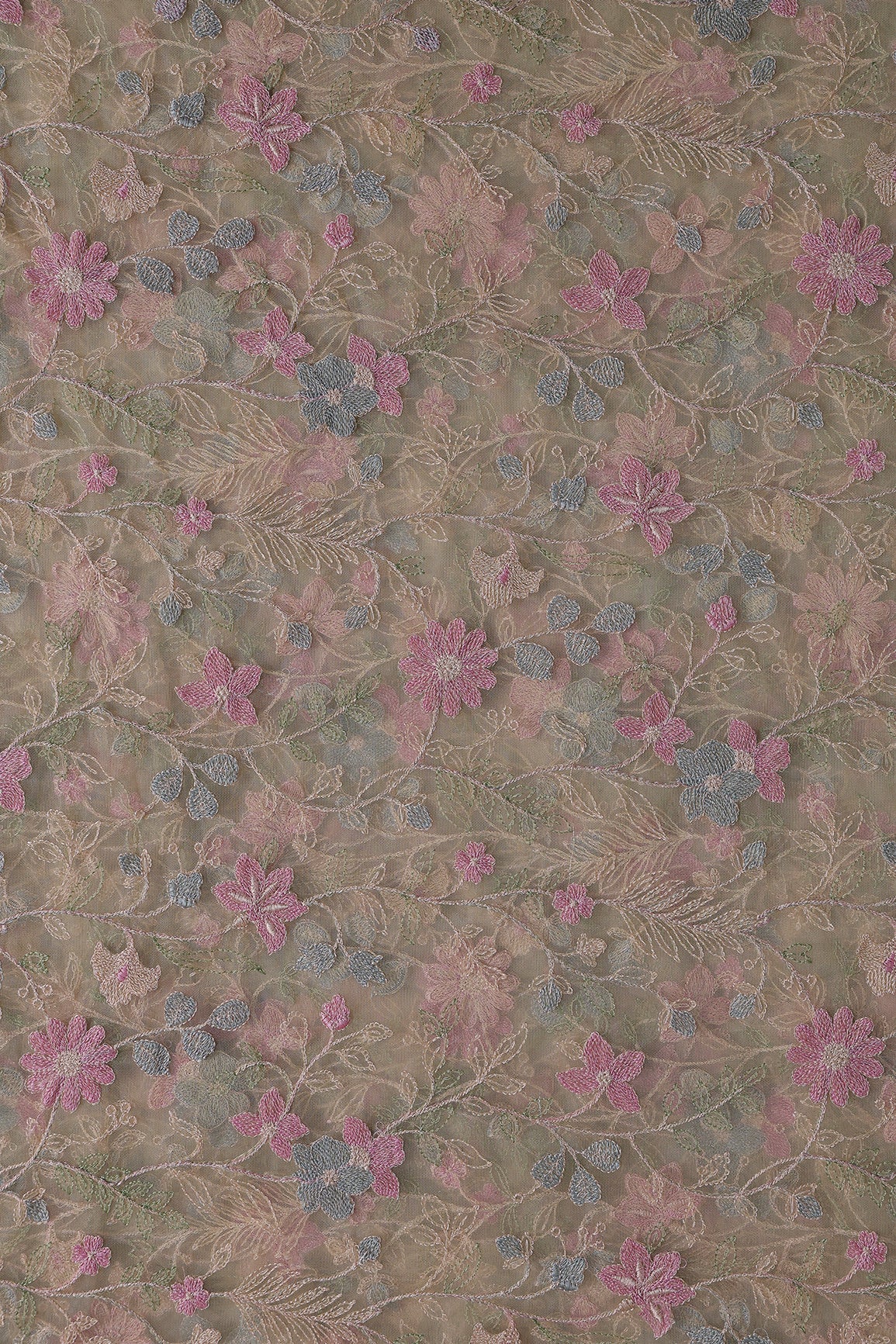 Multi Colour Floral Thread Embroidery Work On Beige Soft Net Fabric