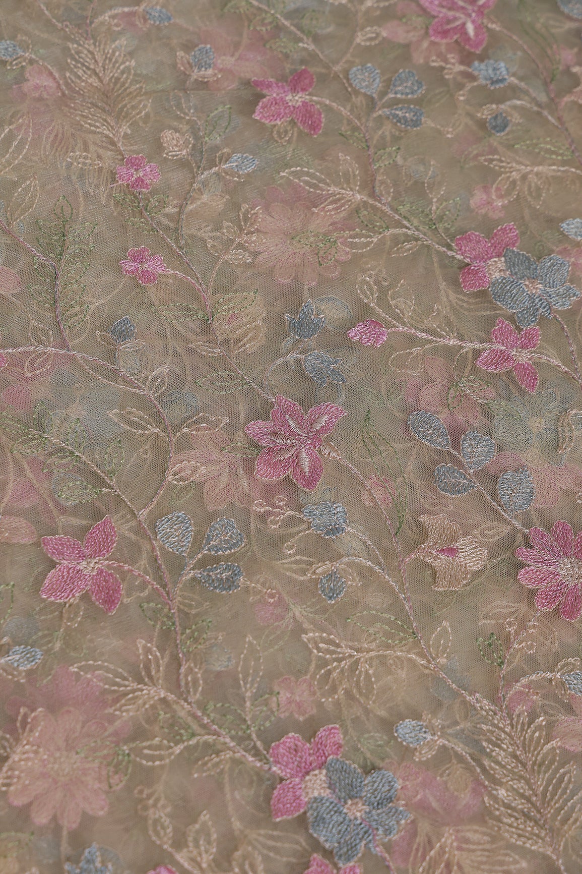 Multi Colour Floral Thread Embroidery Work On Beige Soft Net Fabric