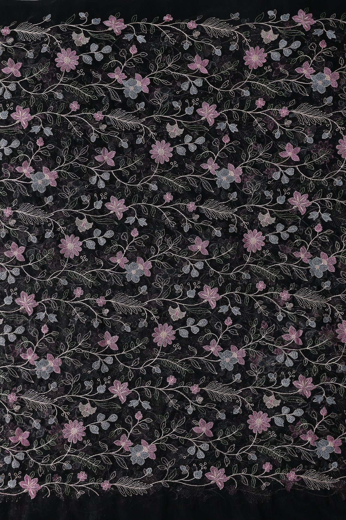 Multi Colour Floral Thread Embroidery Work On Black Soft Net Fabric