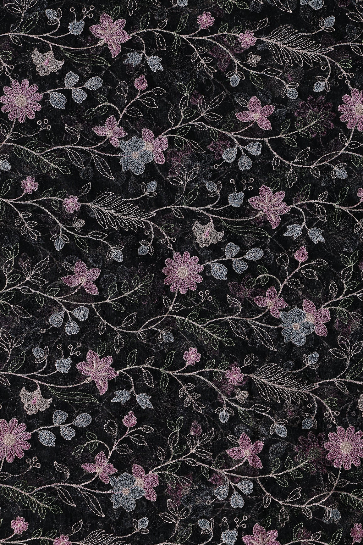 Multi Colour Floral Thread Embroidery Work On Black Soft Net Fabric