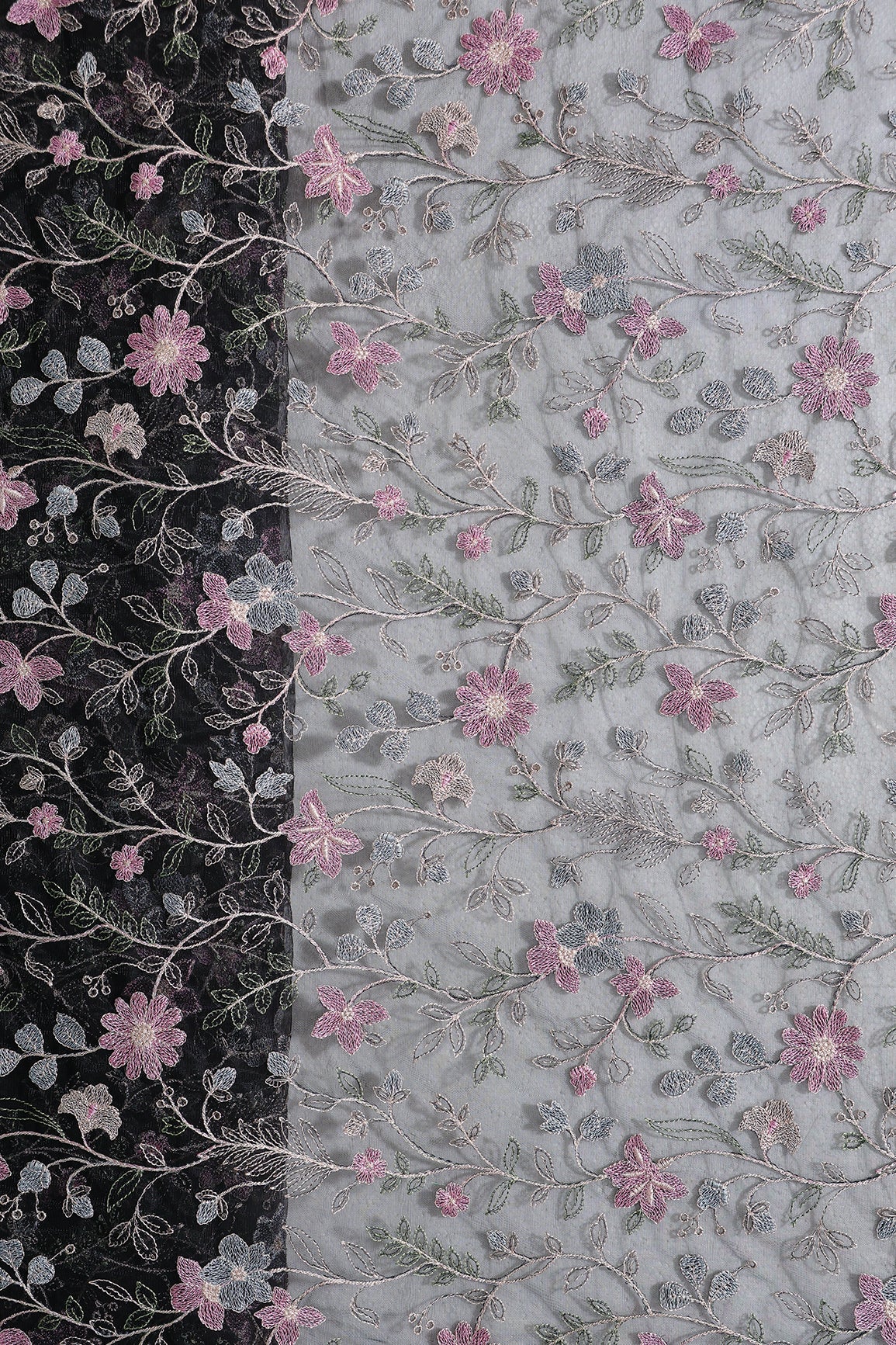 Multi Colour Floral Thread Embroidery Work On Black Soft Net Fabric