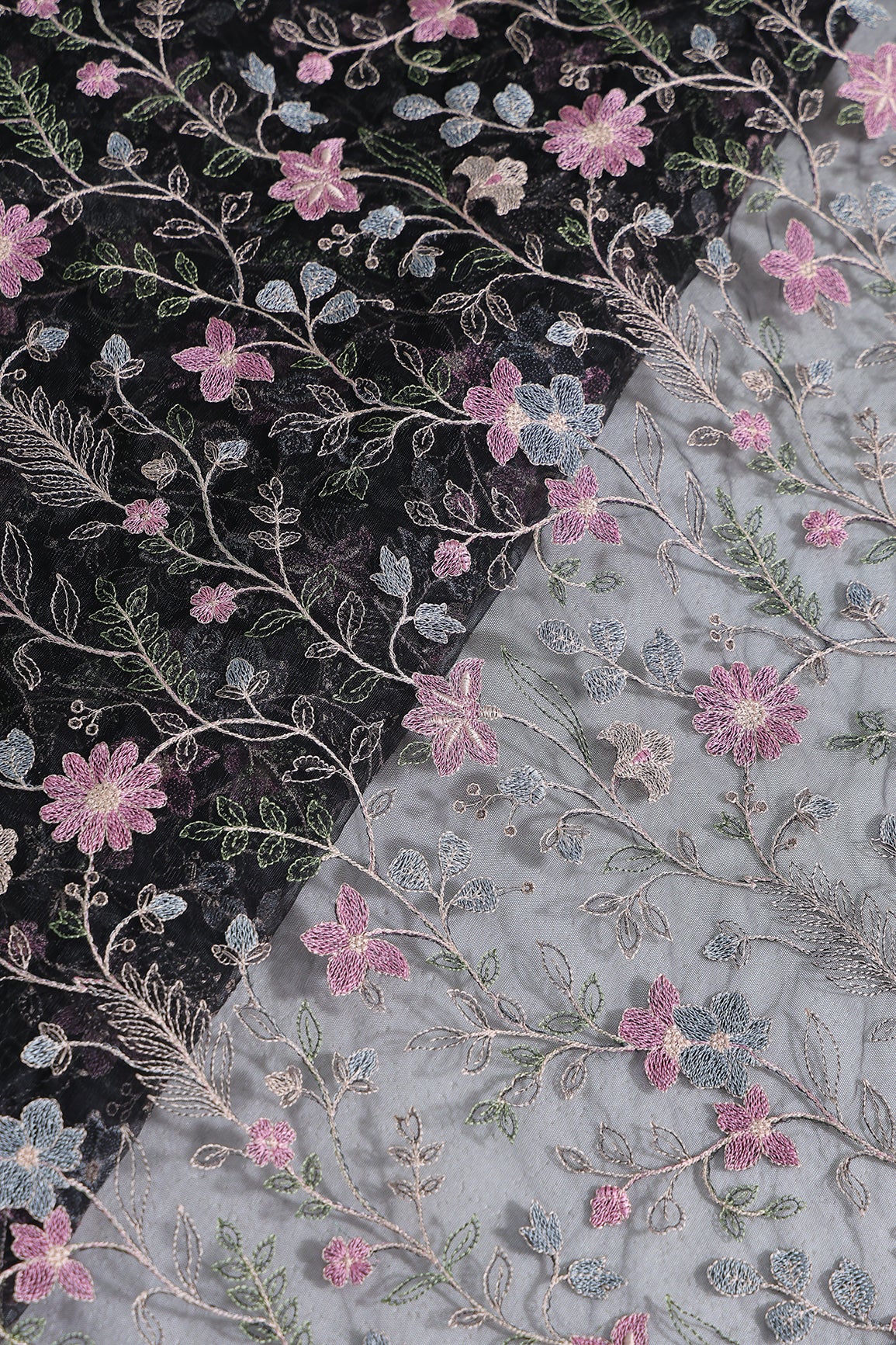 Multi Colour Floral Thread Embroidery Work On Black Soft Net Fabric