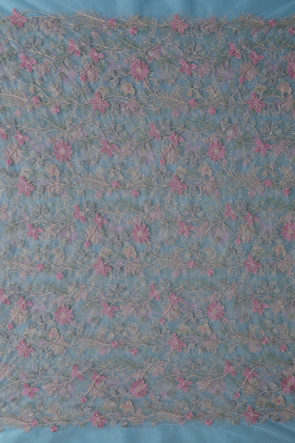 Multi Colour Floral Thread Embroidery Work On Sky Blue Soft Net Fabric