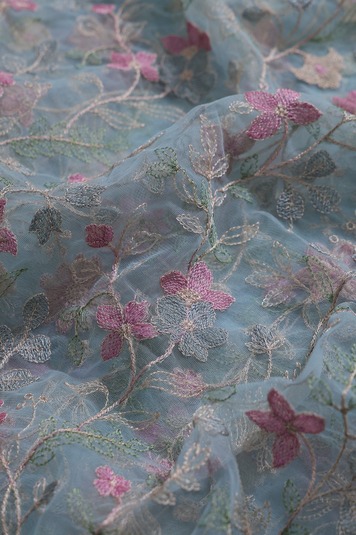 Multi Colour Floral Thread Embroidery Work On Sky Blue Soft Net Fabric
