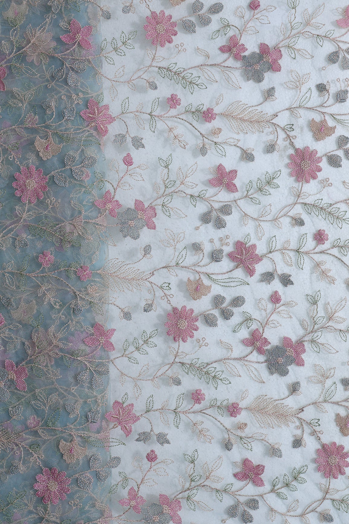 Multi Colour Floral Thread Embroidery Work On Sky Blue Soft Net Fabric