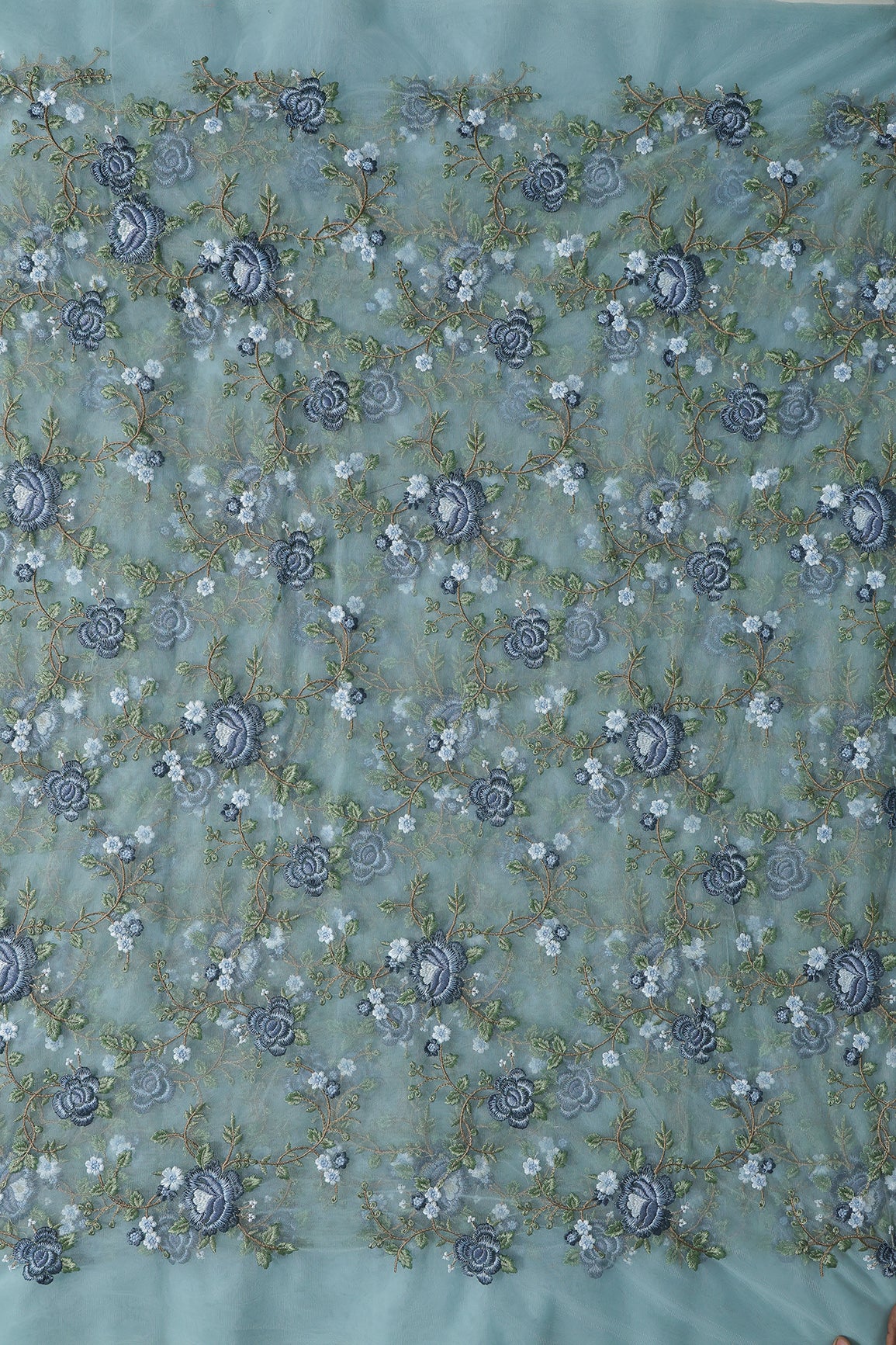 Multi Colour Floral Thread Embroidery Work On Teal Soft Net Fabric
