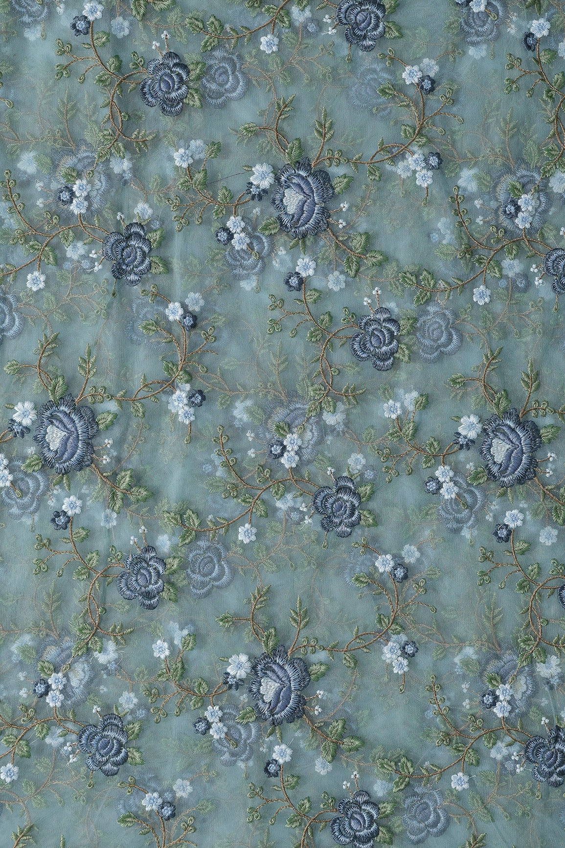Multi Colour Floral Thread Embroidery Work On Teal Soft Net Fabric