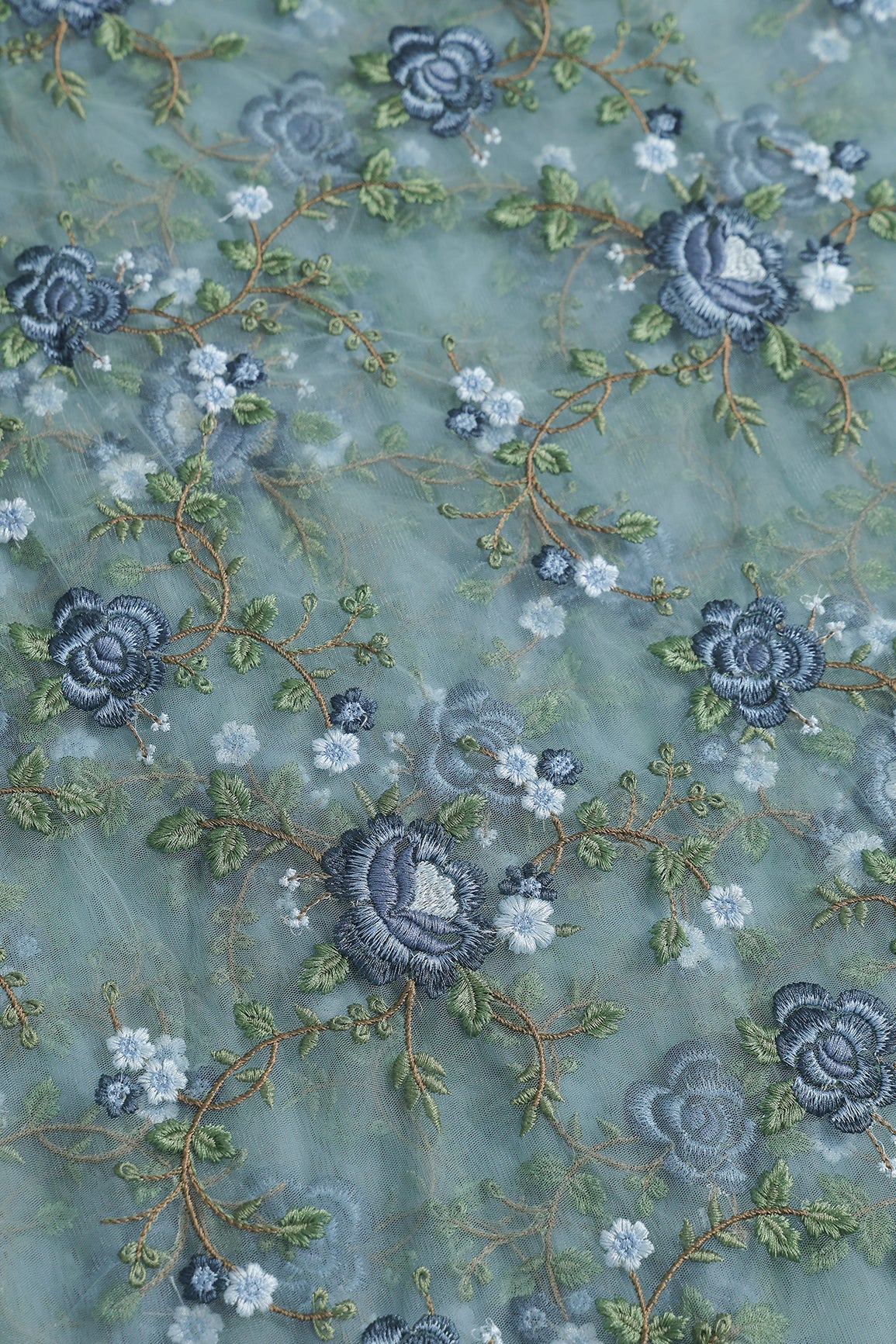 Multi Colour Floral Thread Embroidery Work On Teal Soft Net Fabric