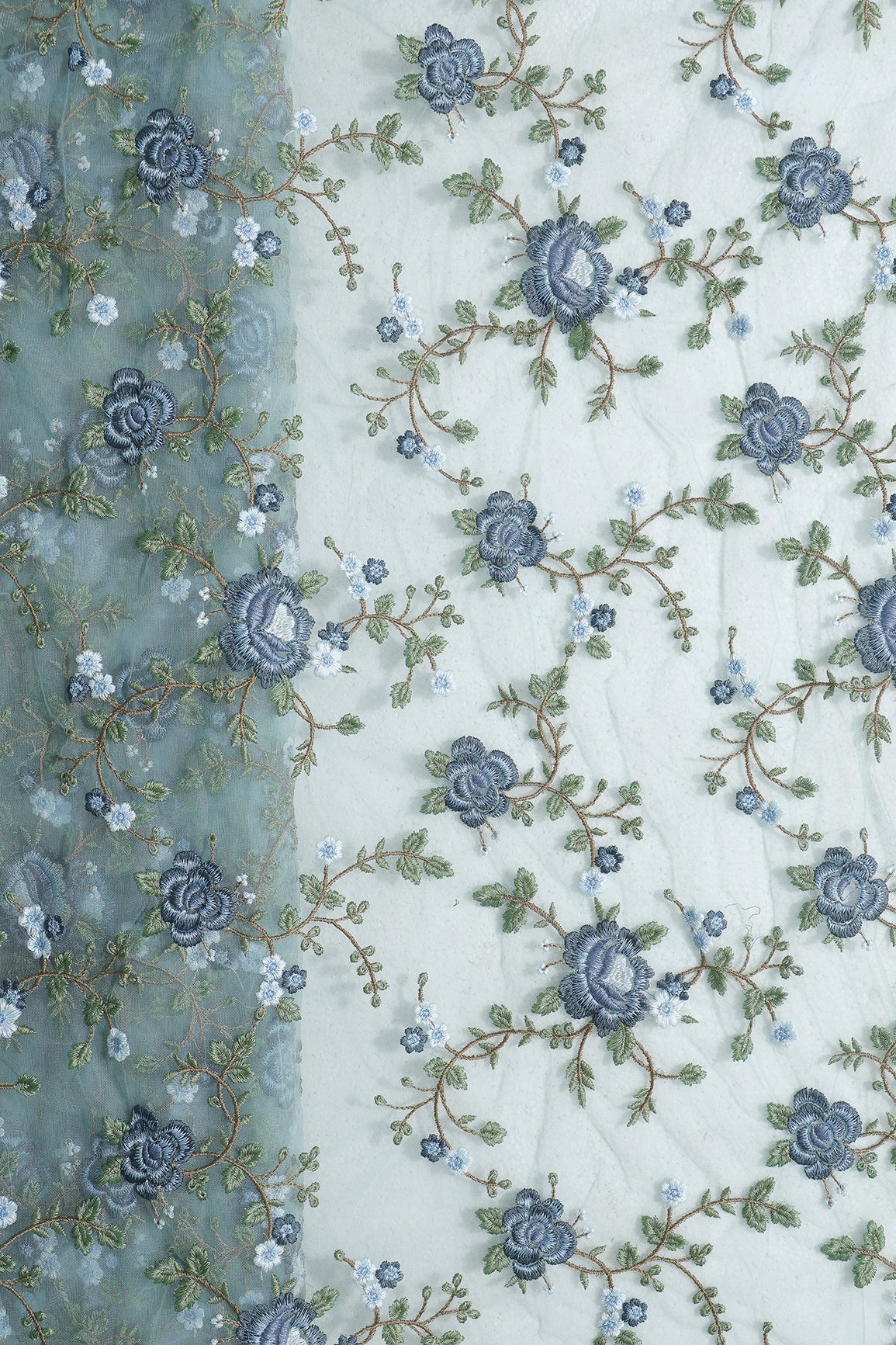 Multi Colour Floral Thread Embroidery Work On Teal Soft Net Fabric