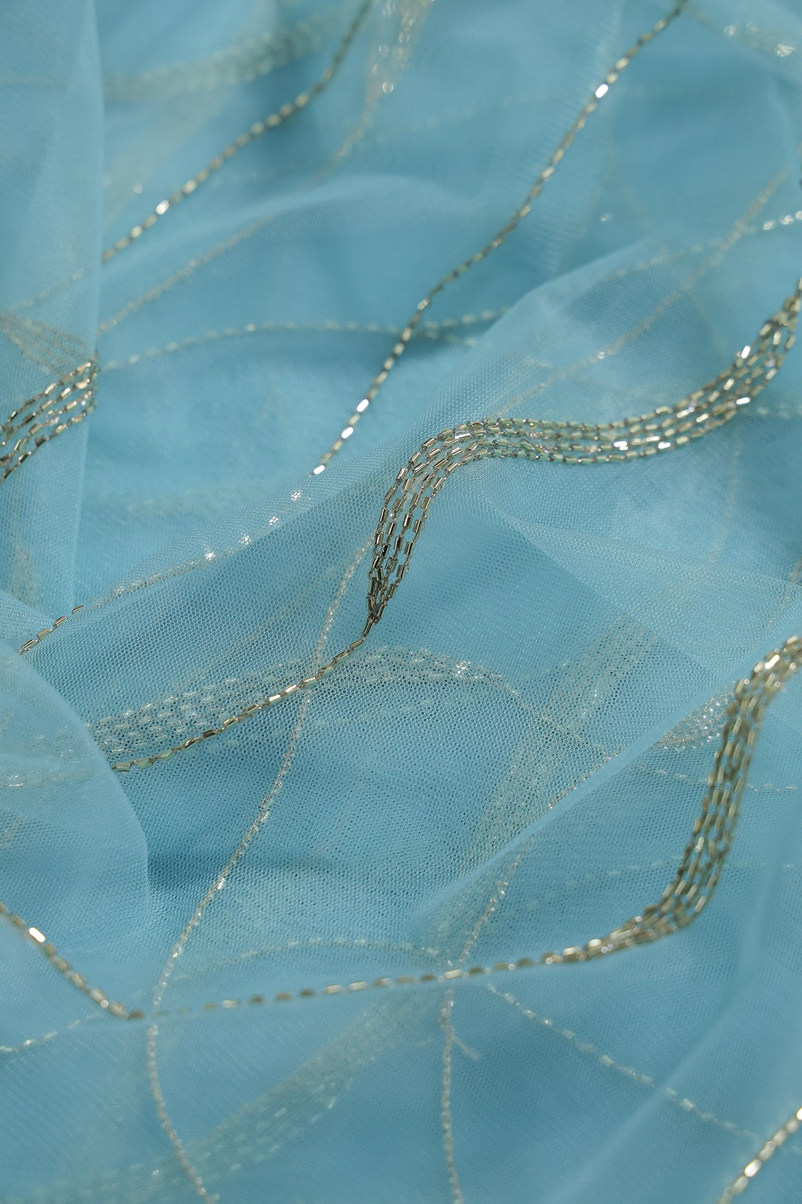 Leheriya Embroidery Work With Sequins And Beads On Blue Soft Net Fabric