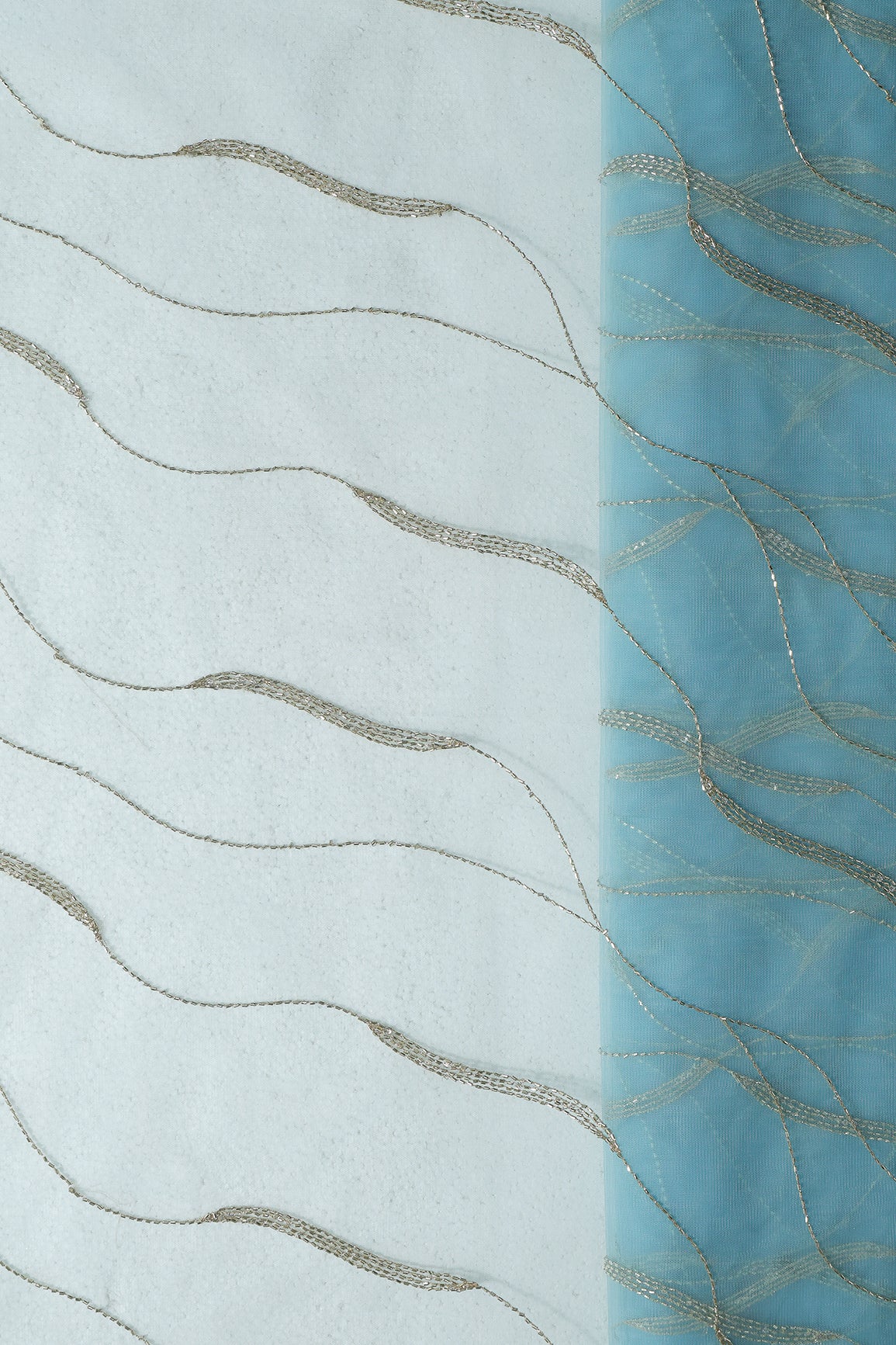 Leheriya Embroidery Work With Sequins And Beads On Blue Soft Net Fabric