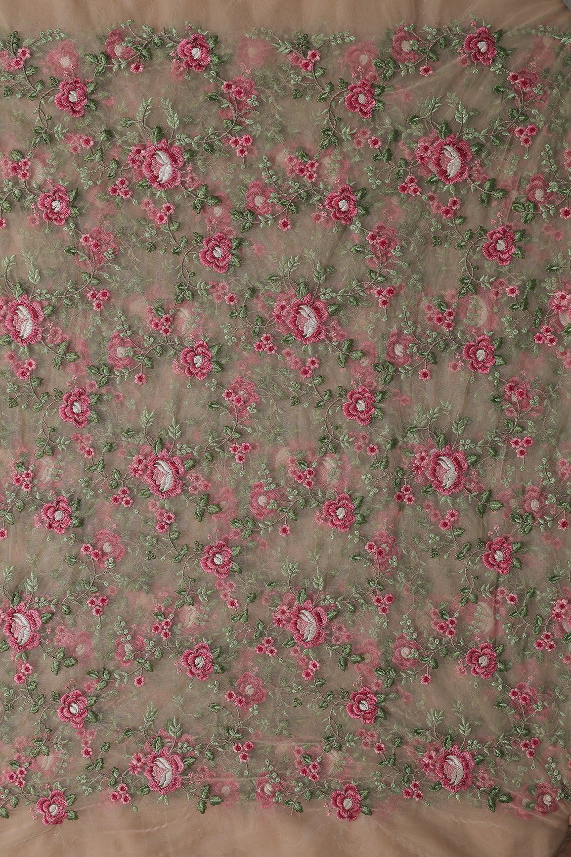 Multi Colour Floral Thread Embroidery Work On Beige Soft Net Fabric