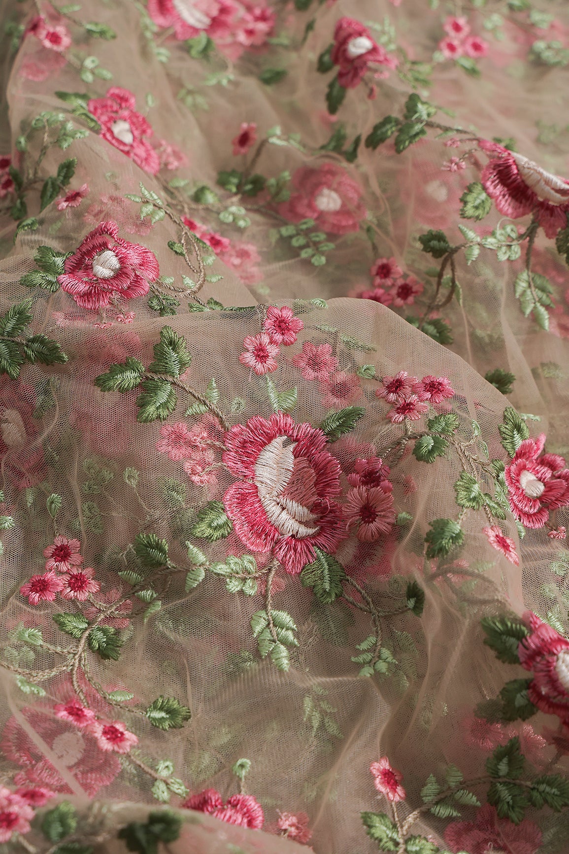 Multi Colour Floral Thread Embroidery Work On Beige Soft Net Fabric