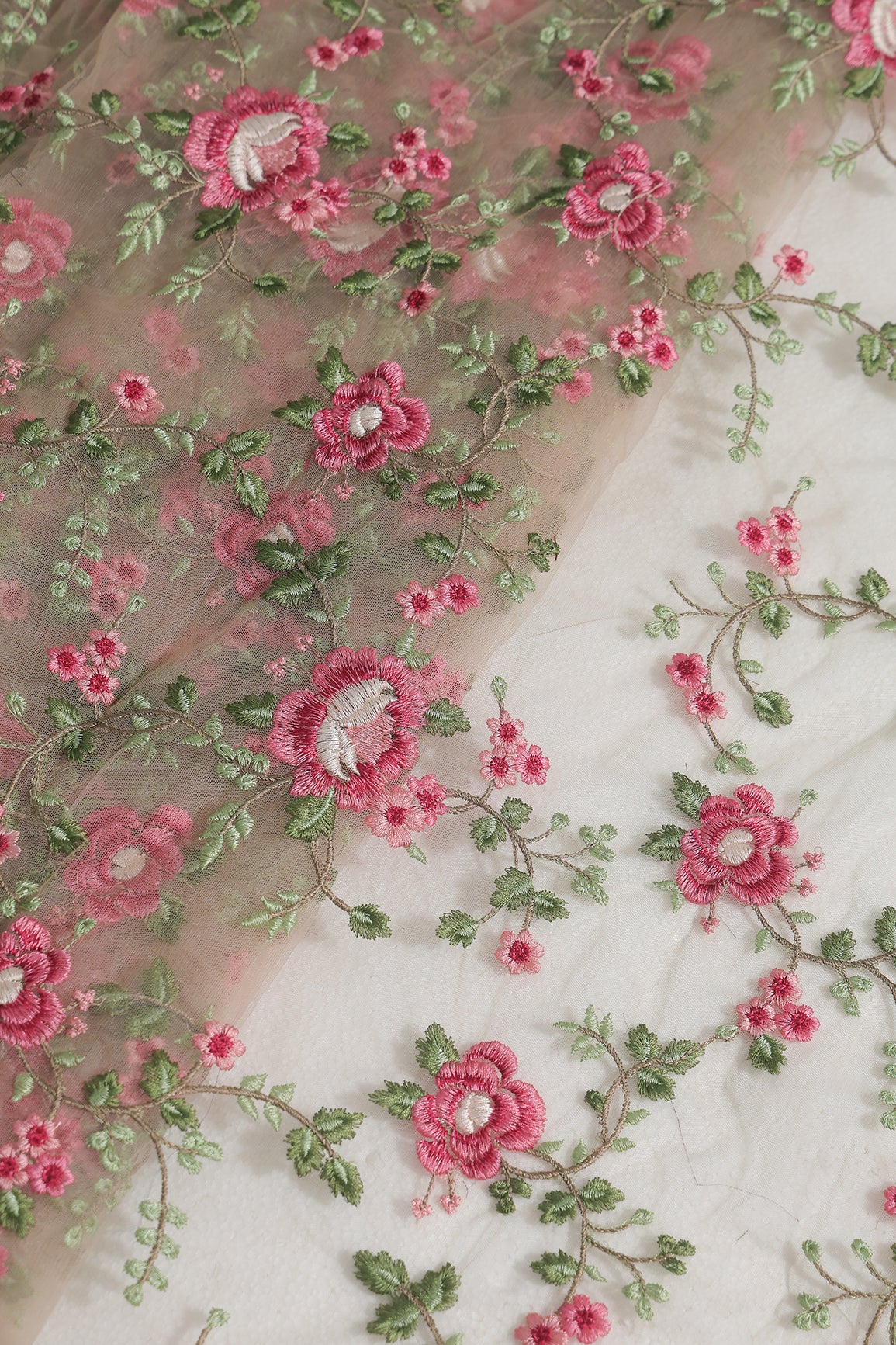 Multi Colour Floral Thread Embroidery Work On Beige Soft Net Fabric
