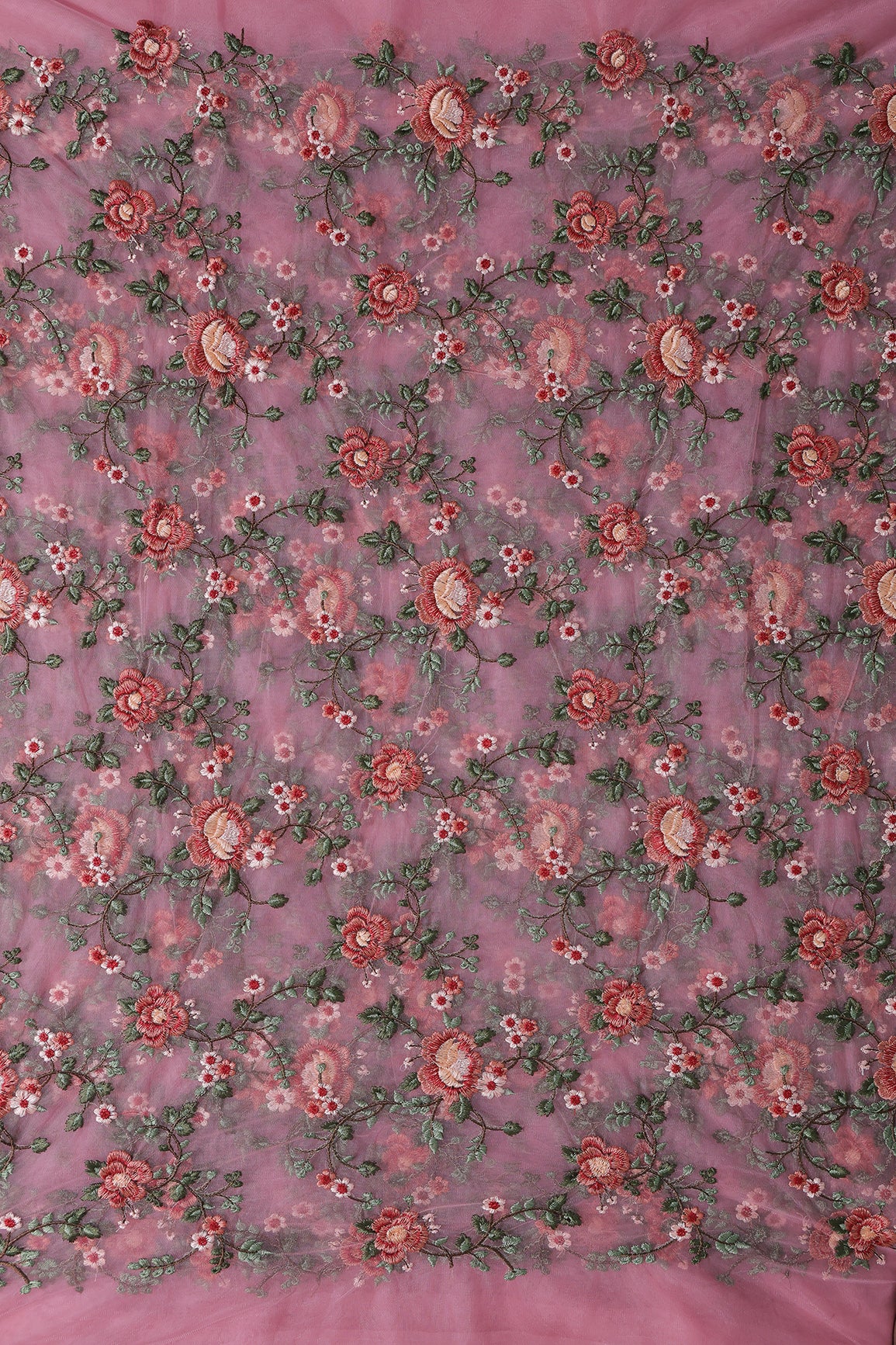Multi Colour Floral Thread Embroidery Work On Pink Soft Net Fabric