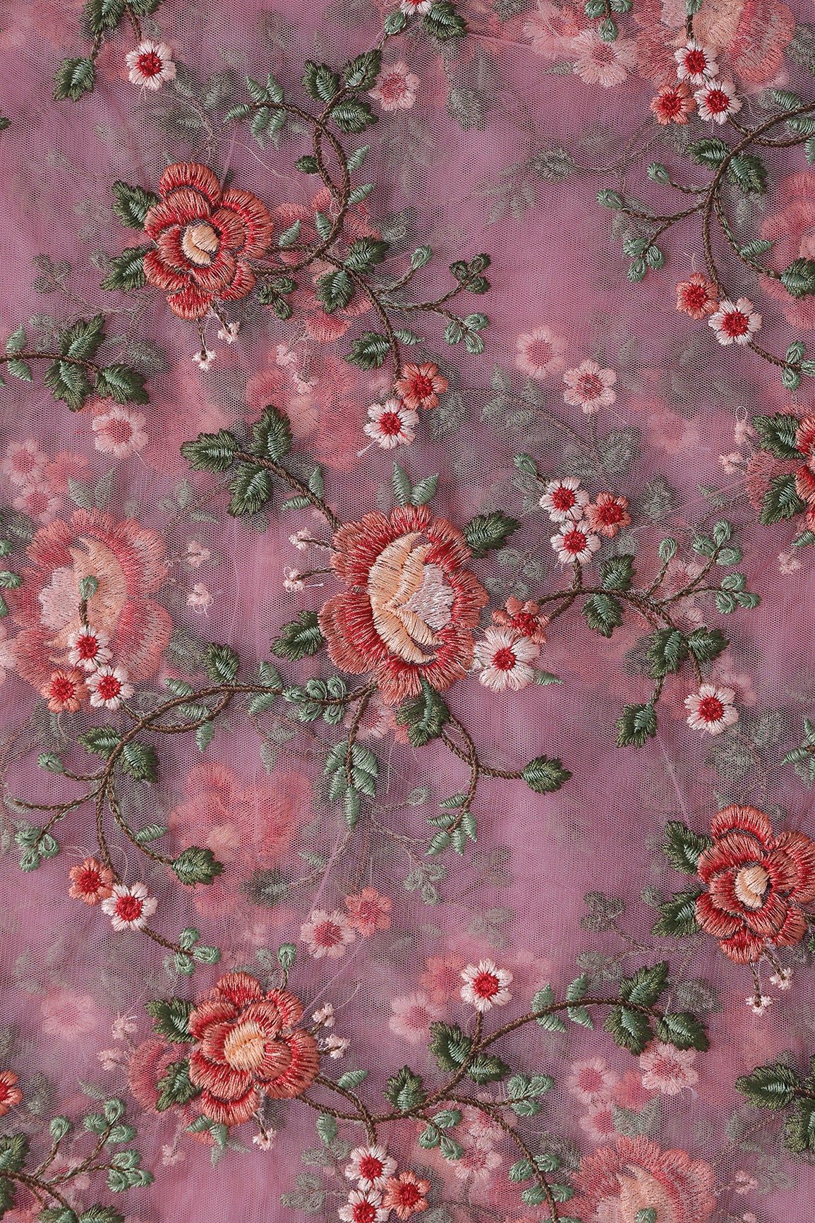 Multi Colour Floral Thread Embroidery Work On Pink Soft Net Fabric