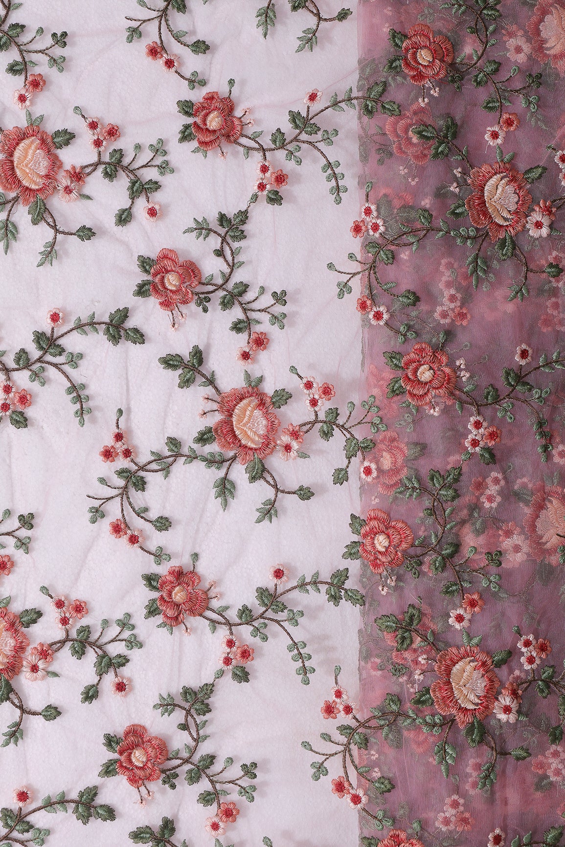 Multi Colour Floral Thread Embroidery Work On Pink Soft Net Fabric