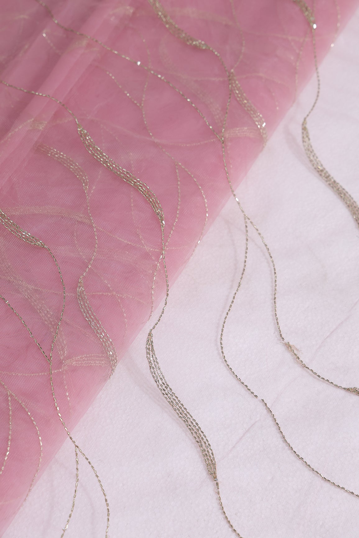 Leheriya Embroidery Work With Sequins And Beads On Pink Soft Net Fabric