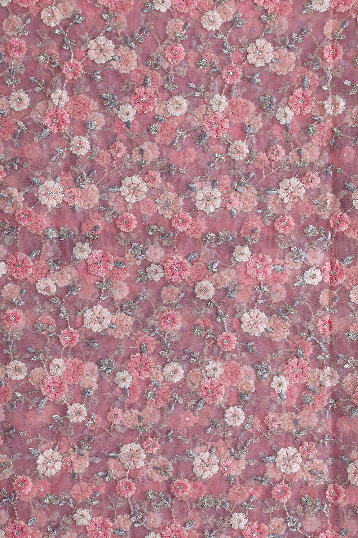 Pink And Cream Thread With Gold Sequins Floral Embroidery On Pink Soft Net Fabric