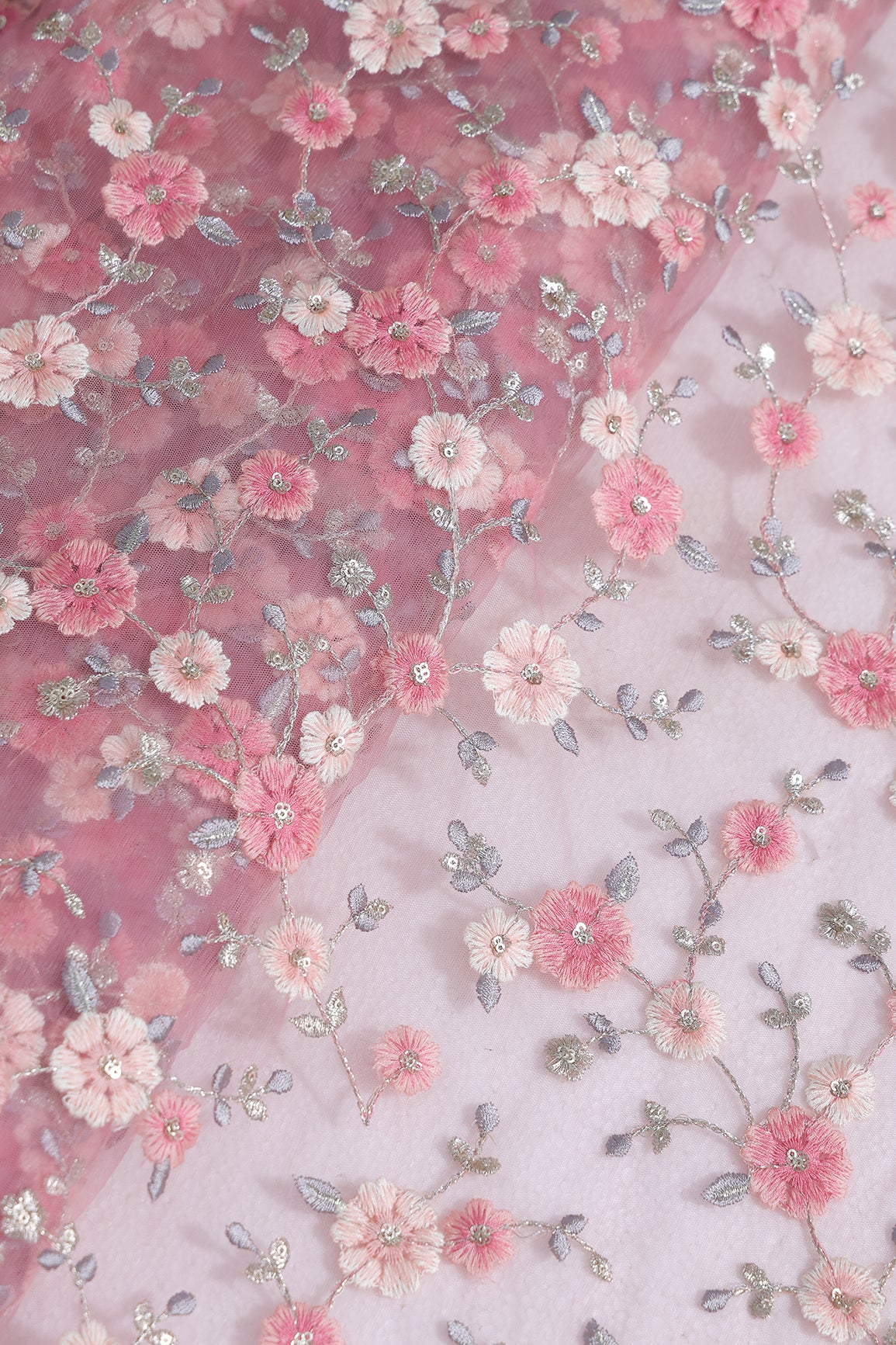 Pink And Cream Thread With Gold Sequins Floral Embroidery On Pink Soft Net Fabric