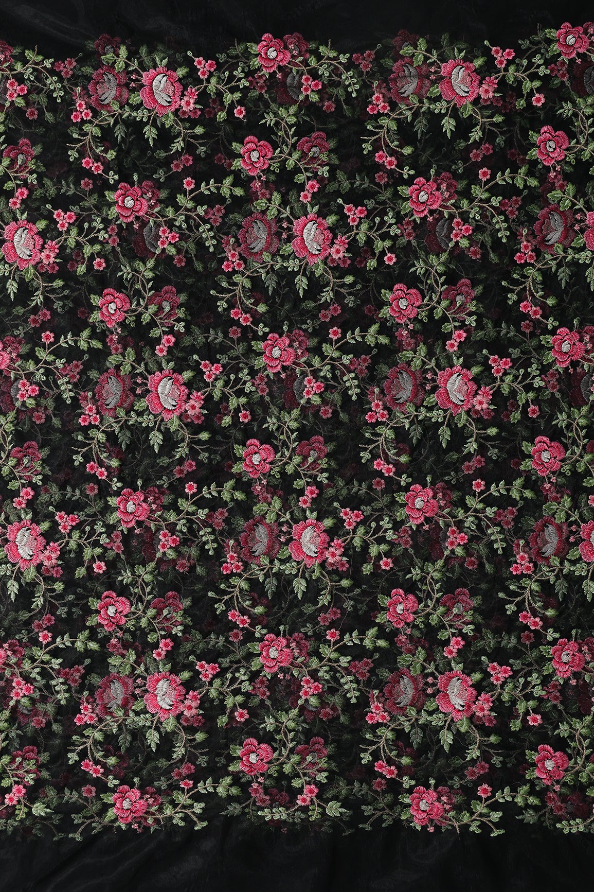 Multi Colour Floral Thread Embroidery Work On Black Soft Net Fabric