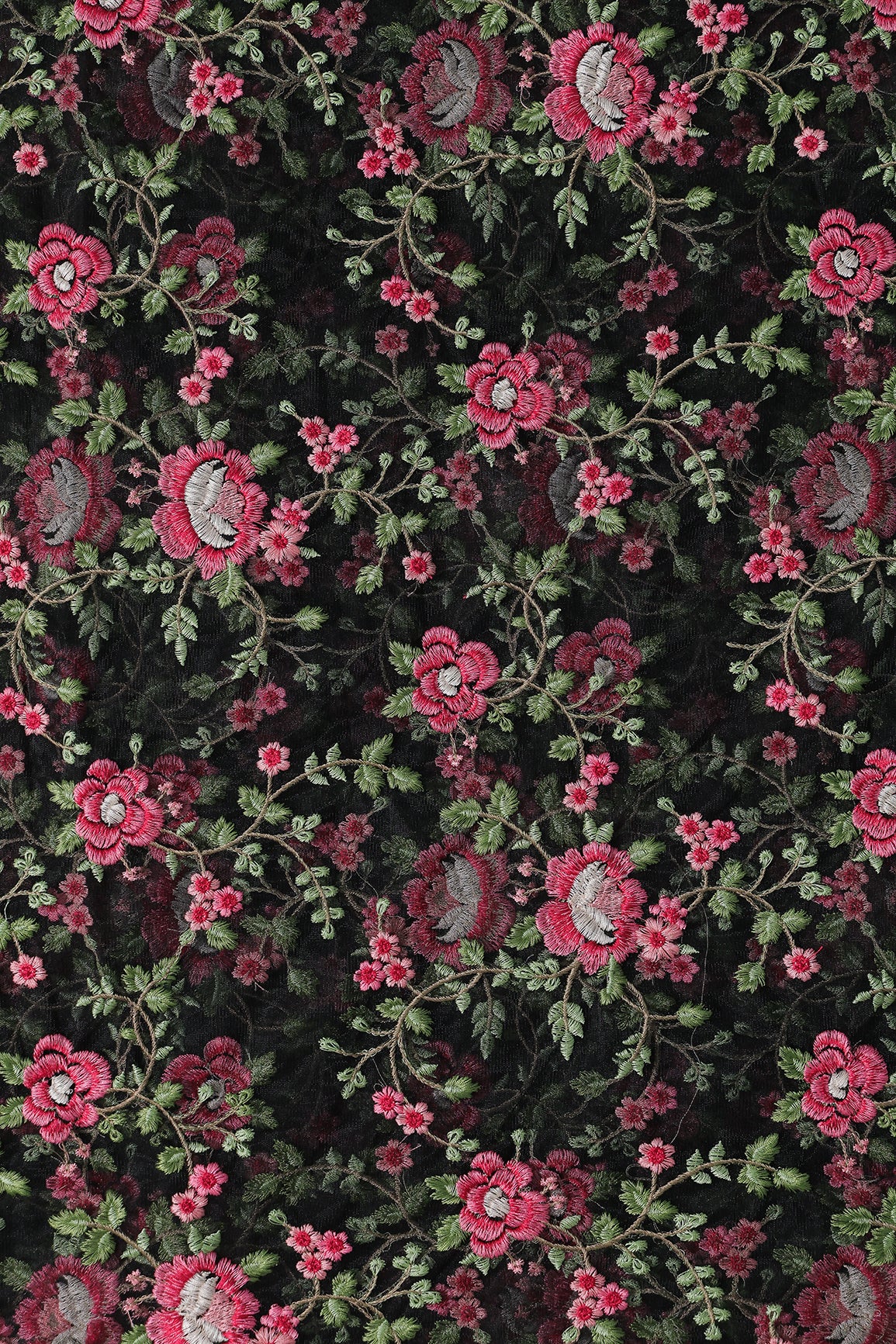 Multi Colour Floral Thread Embroidery Work On Black Soft Net Fabric