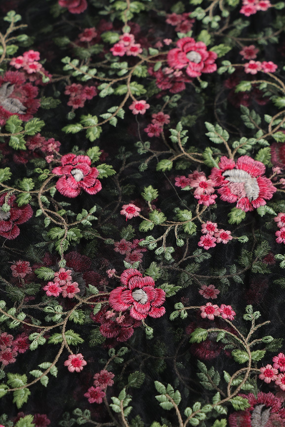 Multi Colour Floral Thread Embroidery Work On Black Soft Net Fabric