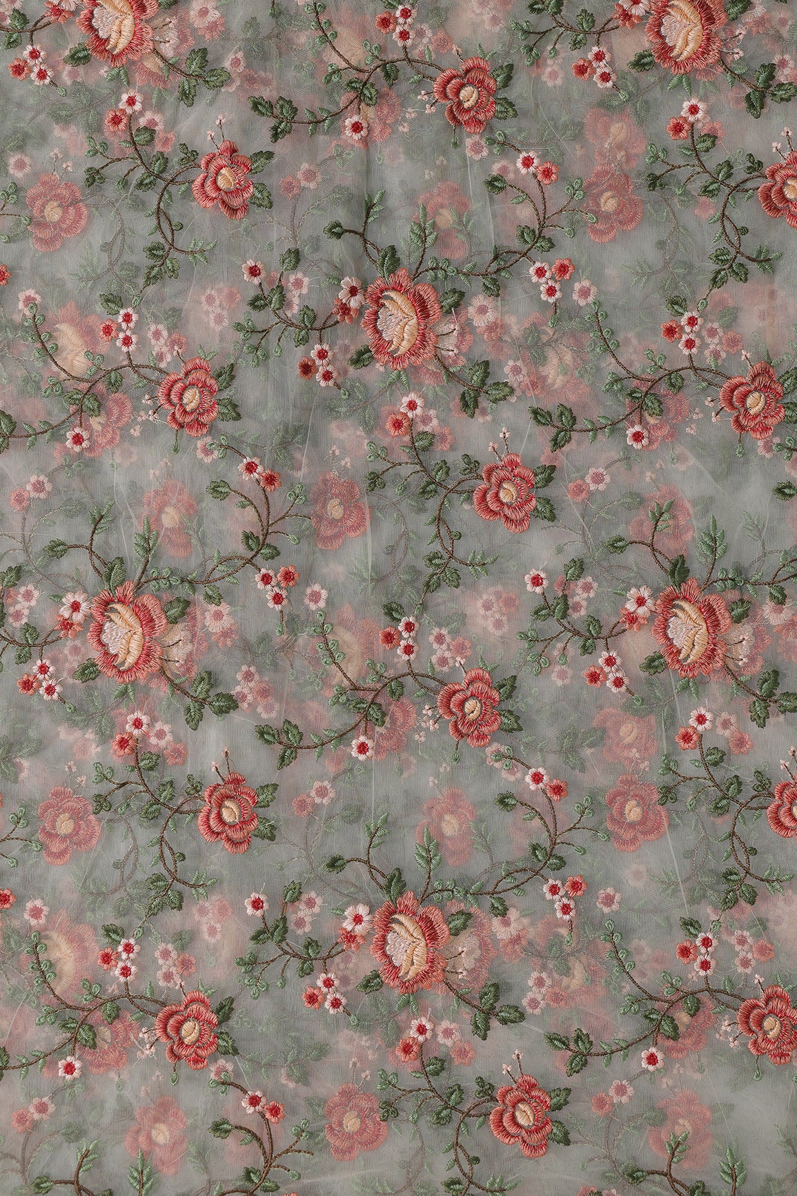 Multi Colour Floral Thread Embroidery Work On White Soft Net Fabric