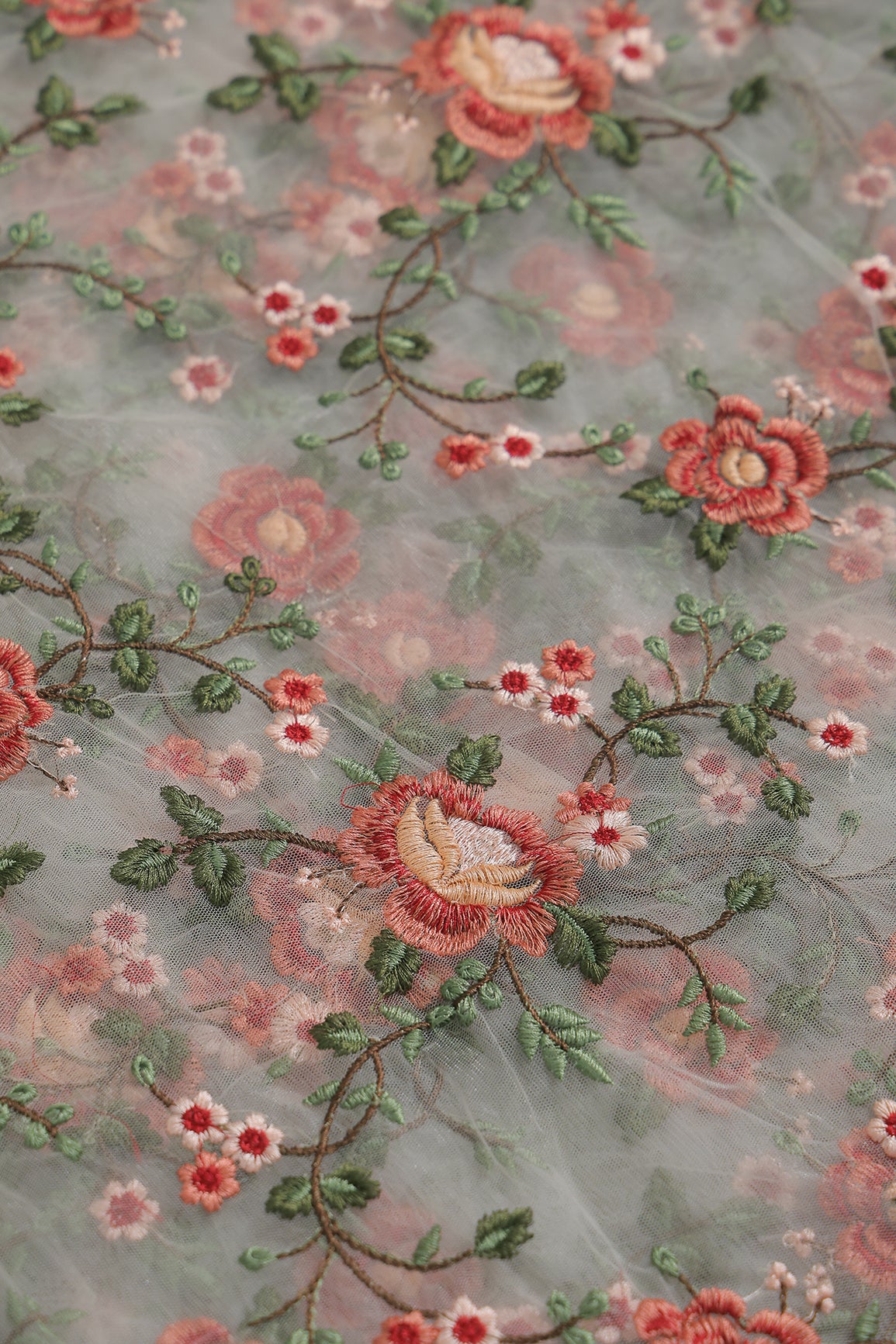 Multi Colour Floral Thread Embroidery Work On White Soft Net Fabric