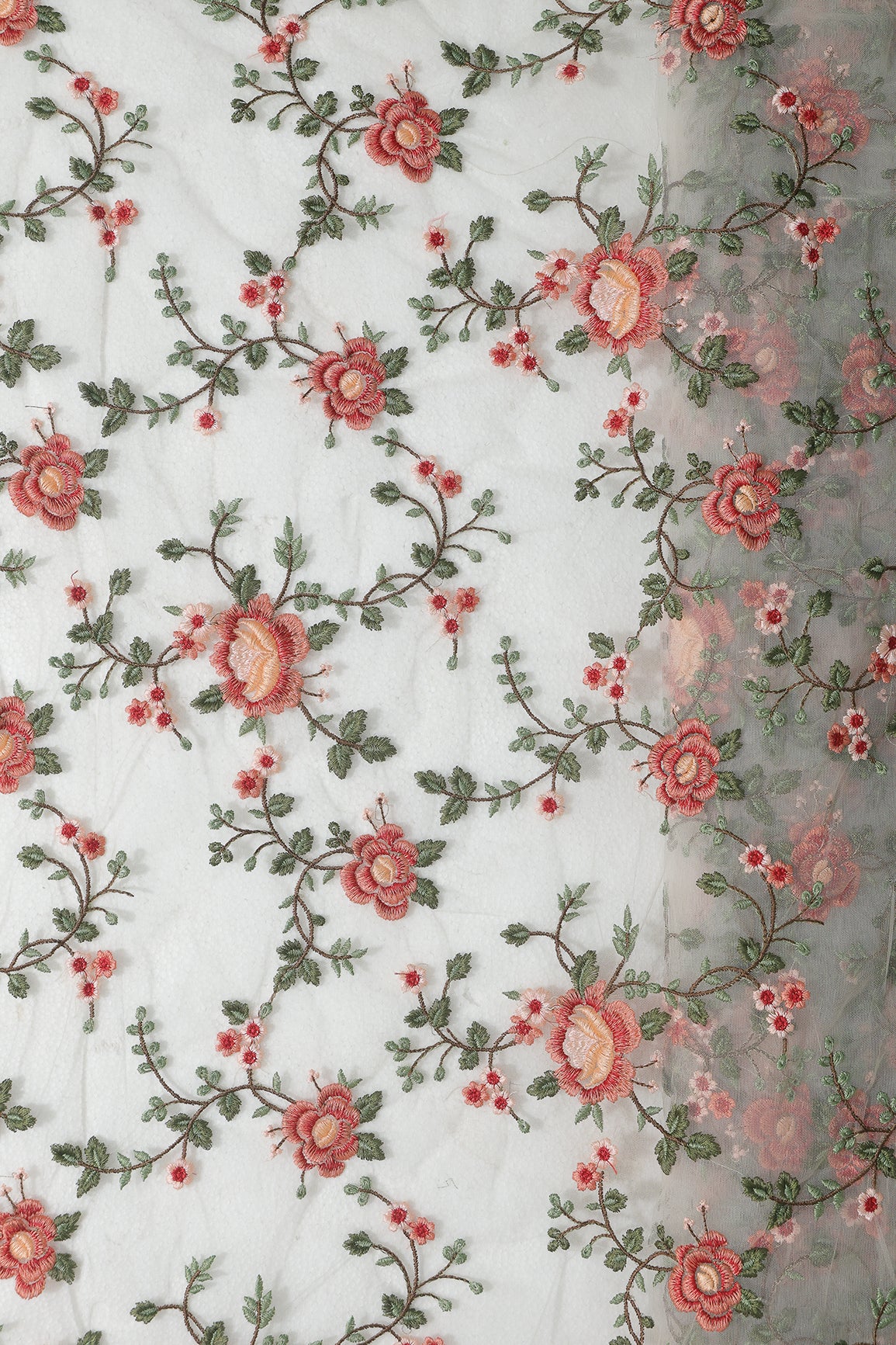 Multi Colour Floral Thread Embroidery Work On White Soft Net Fabric