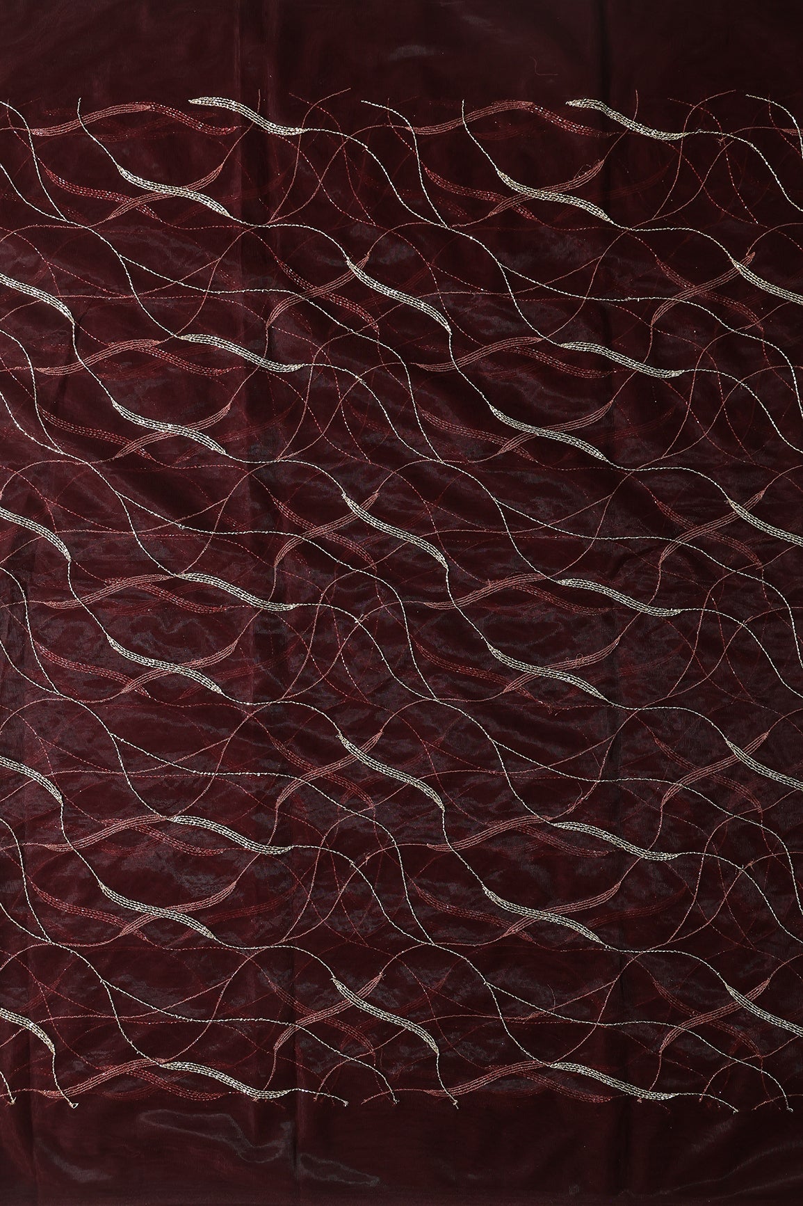 Leheriya Embroidery Work With Sequins And Beads On Dark Maroon Soft Net Fabric
