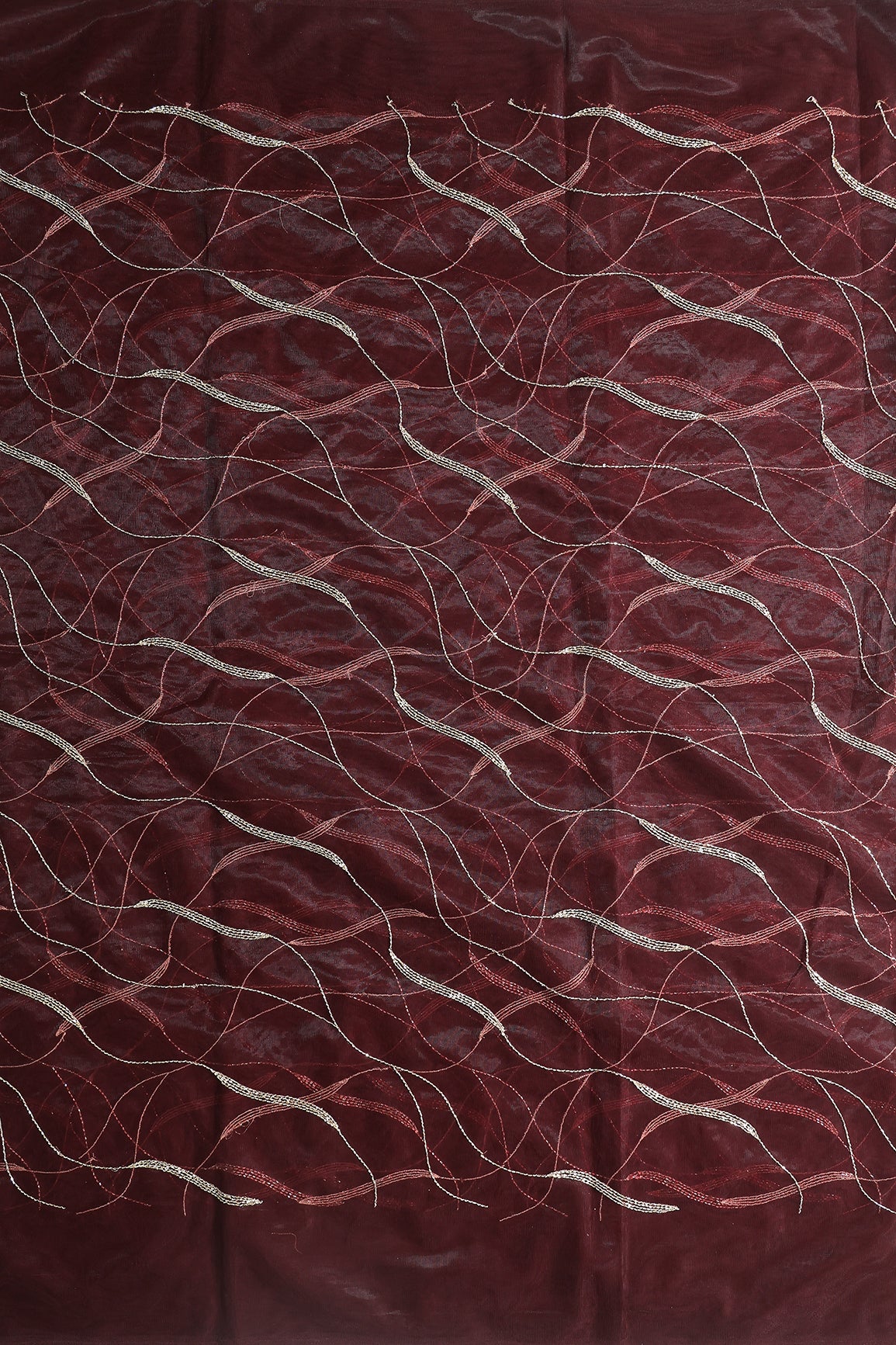 Leheriya Embroidery Work With Sequins And Beads On Dark Maroon Soft Net Fabric