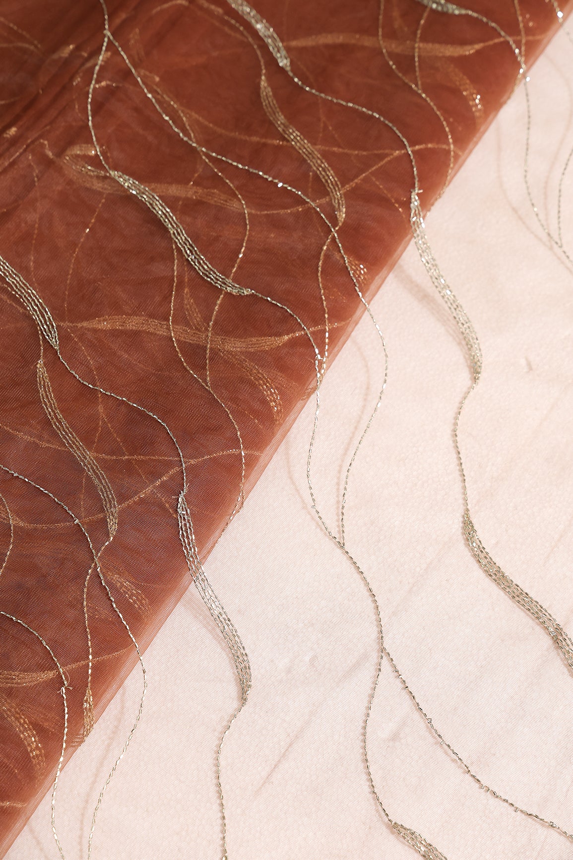 Leheriya Embroidery Work With Sequins And Beads On Rust Soft Net Fabric