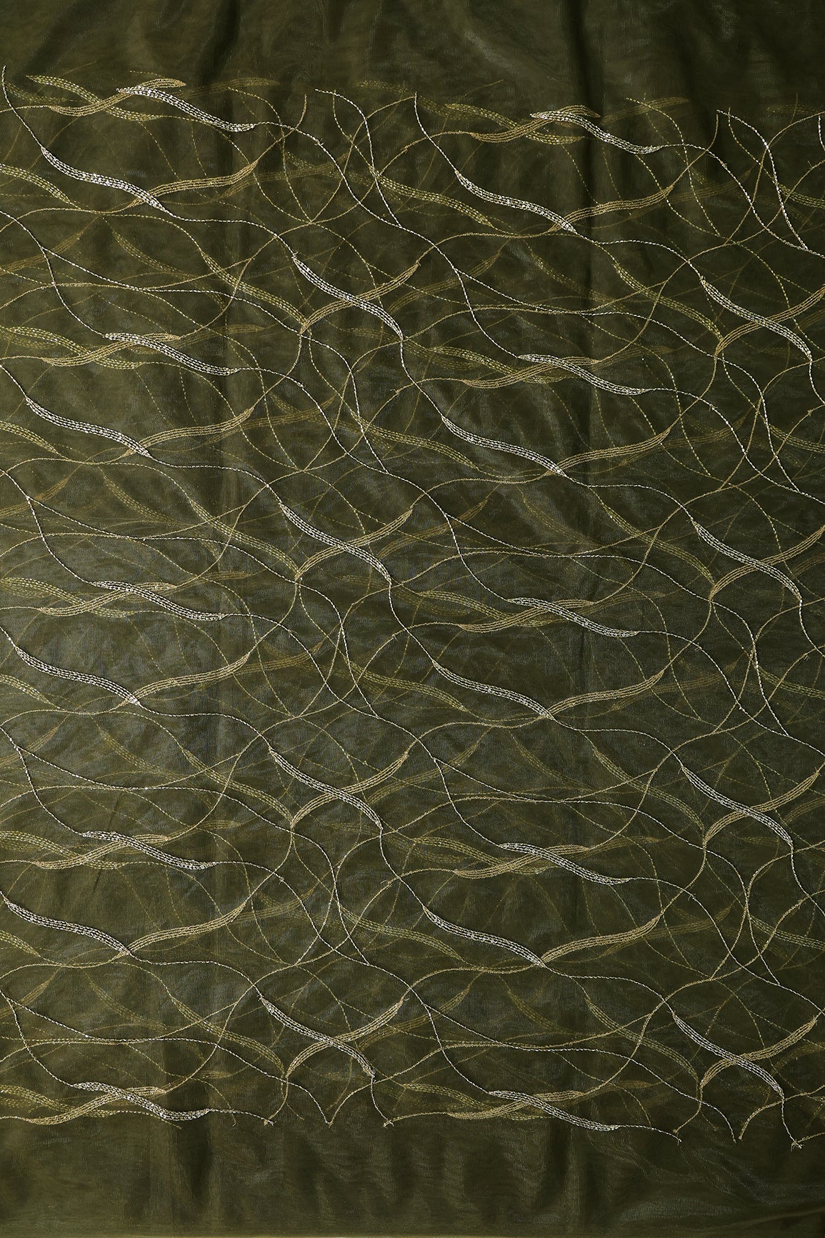 Leheriya Embroidery Work With Sequins And Beads On Mehndi Green Soft Net Fabric
