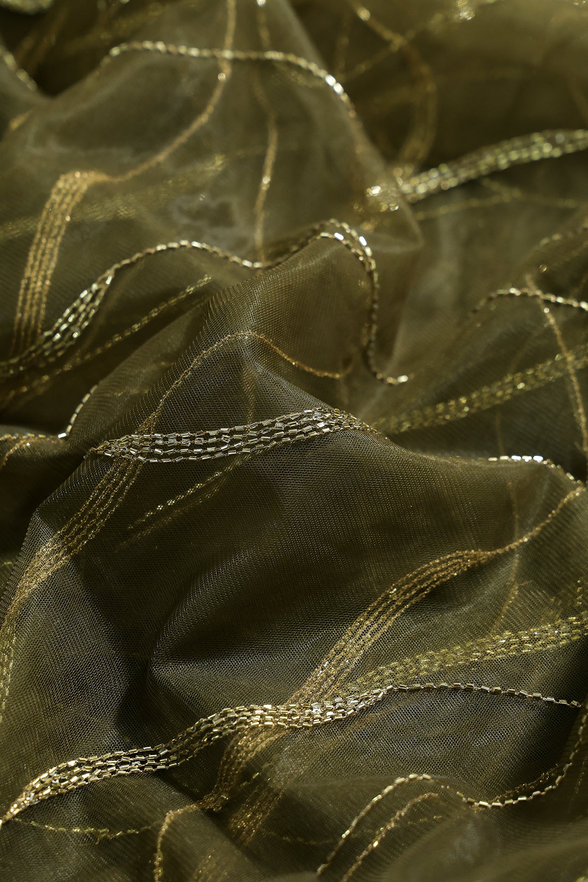 Leheriya Embroidery Work With Sequins And Beads On Mehndi Green Soft Net Fabric
