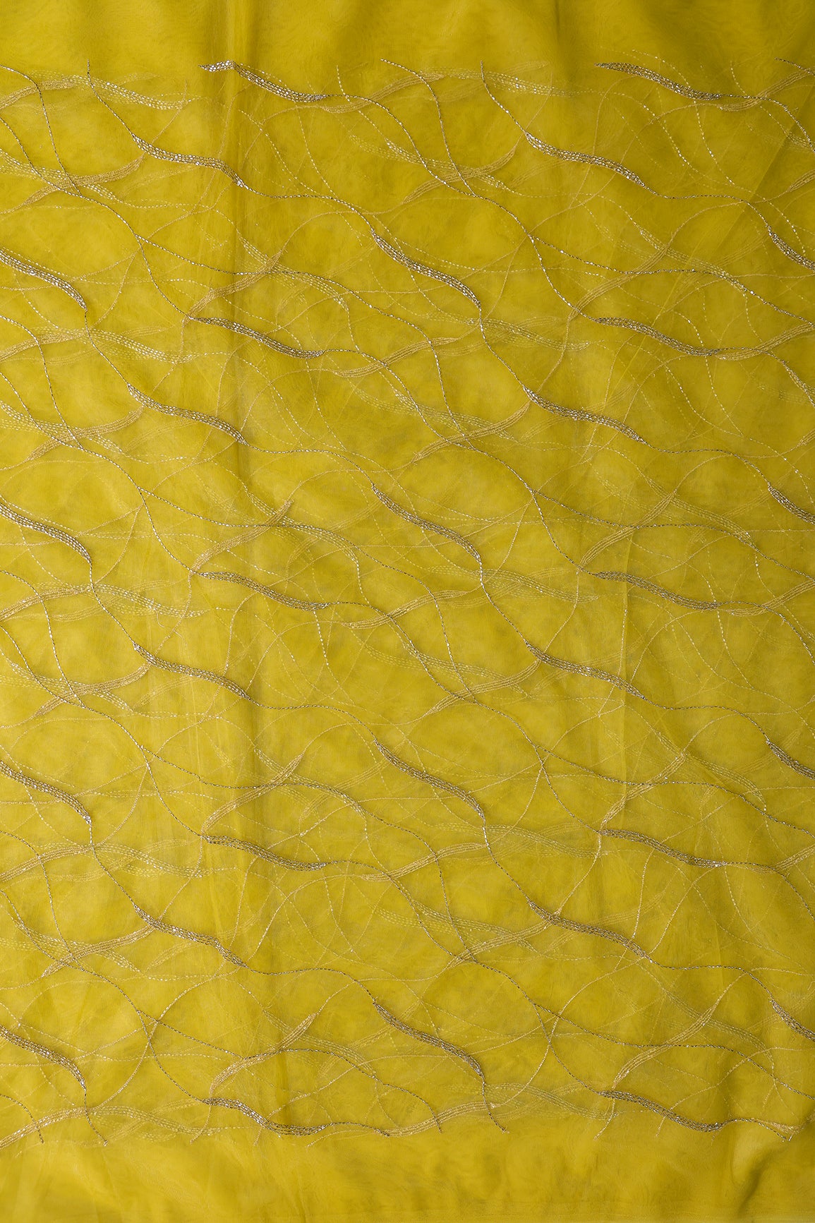 Leheriya Embroidery Work With Sequins And Beads On Lemon Yellow Soft Net Fabric