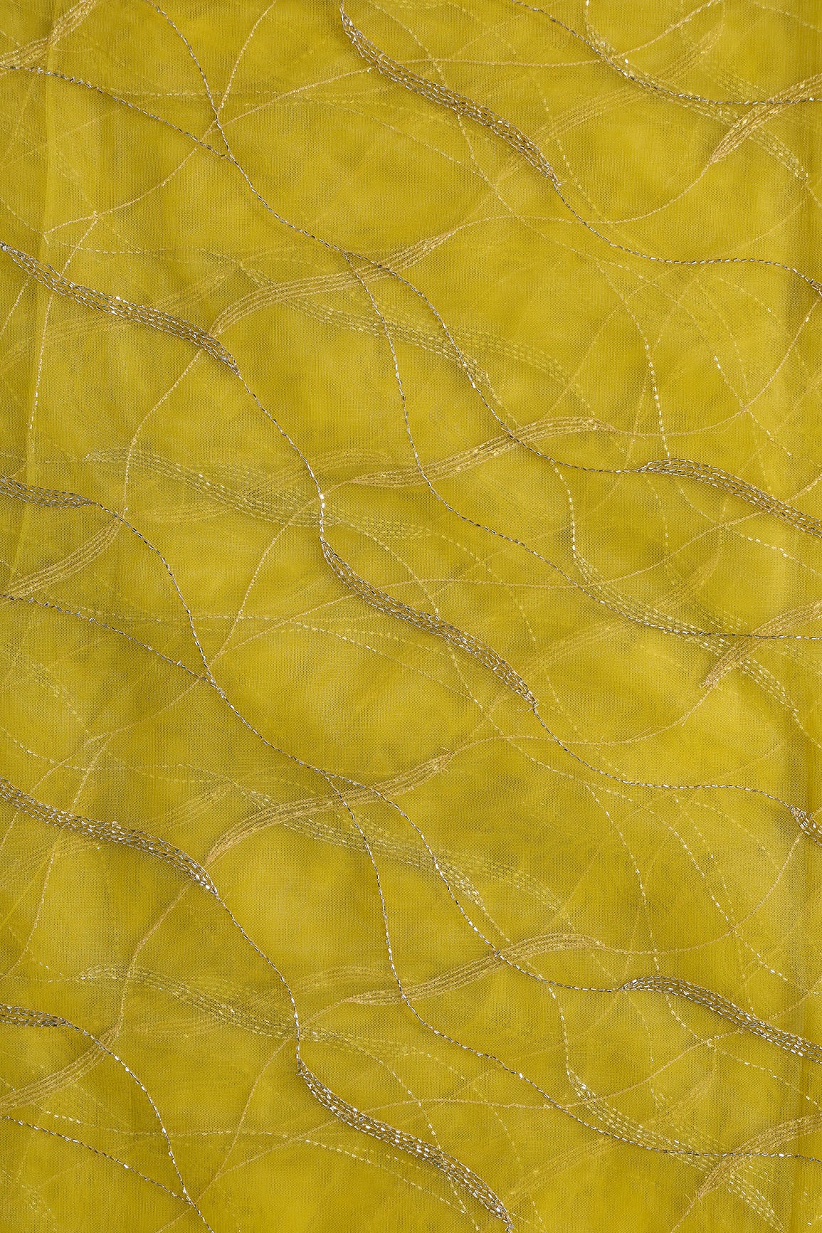 Leheriya Embroidery Work With Sequins And Beads On Lemon Yellow Soft Net Fabric