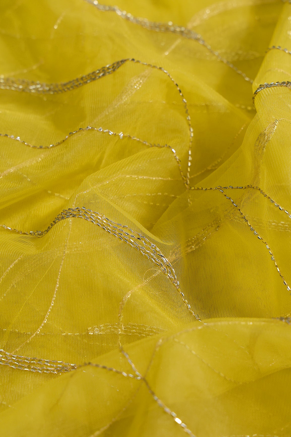 Leheriya Embroidery Work With Sequins And Beads On Lemon Yellow Soft Net Fabric
