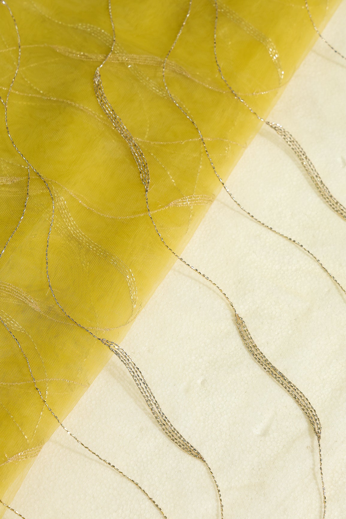 Leheriya Embroidery Work With Sequins And Beads On Lemon Yellow Soft Net Fabric