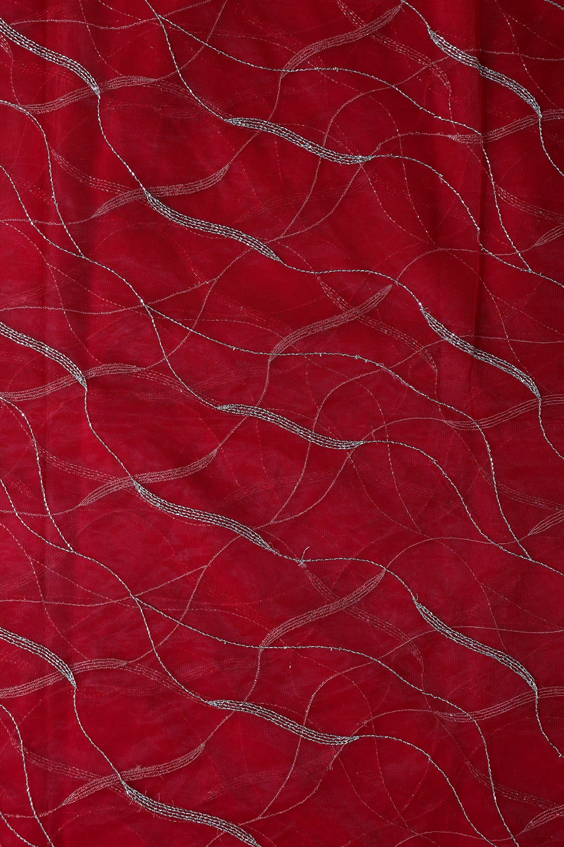 Leheriya Embroidery Work With Sequins And Beads On Red Soft Net Fabric