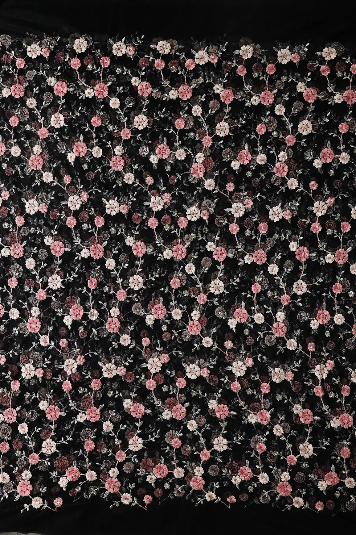 Pink And Cream Thread With Gold Sequins Floral Embroidery On Black Soft Net Fabric