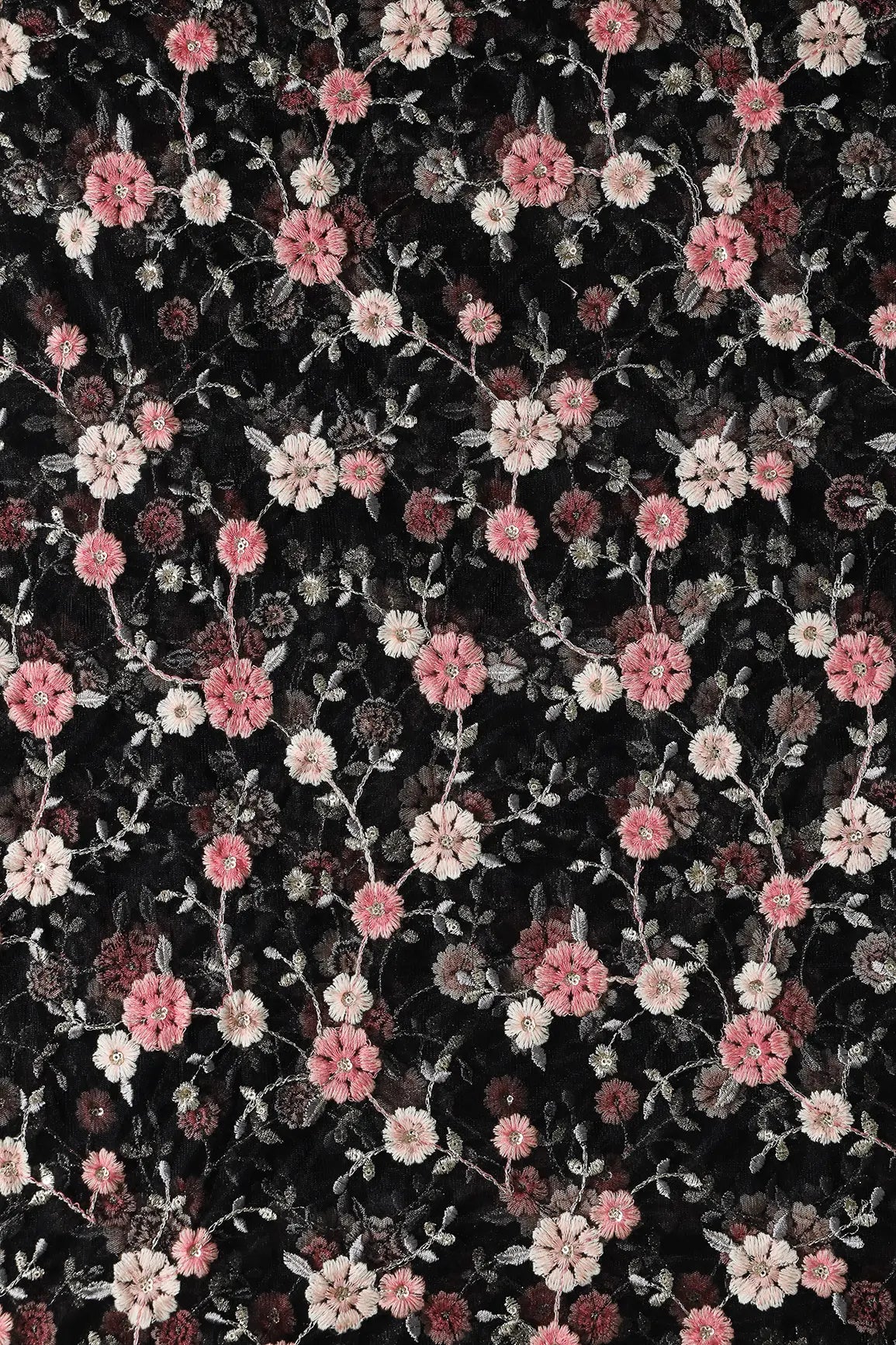 Pink And Cream Thread With Gold Sequins Floral Embroidery On Black Soft Net Fabric