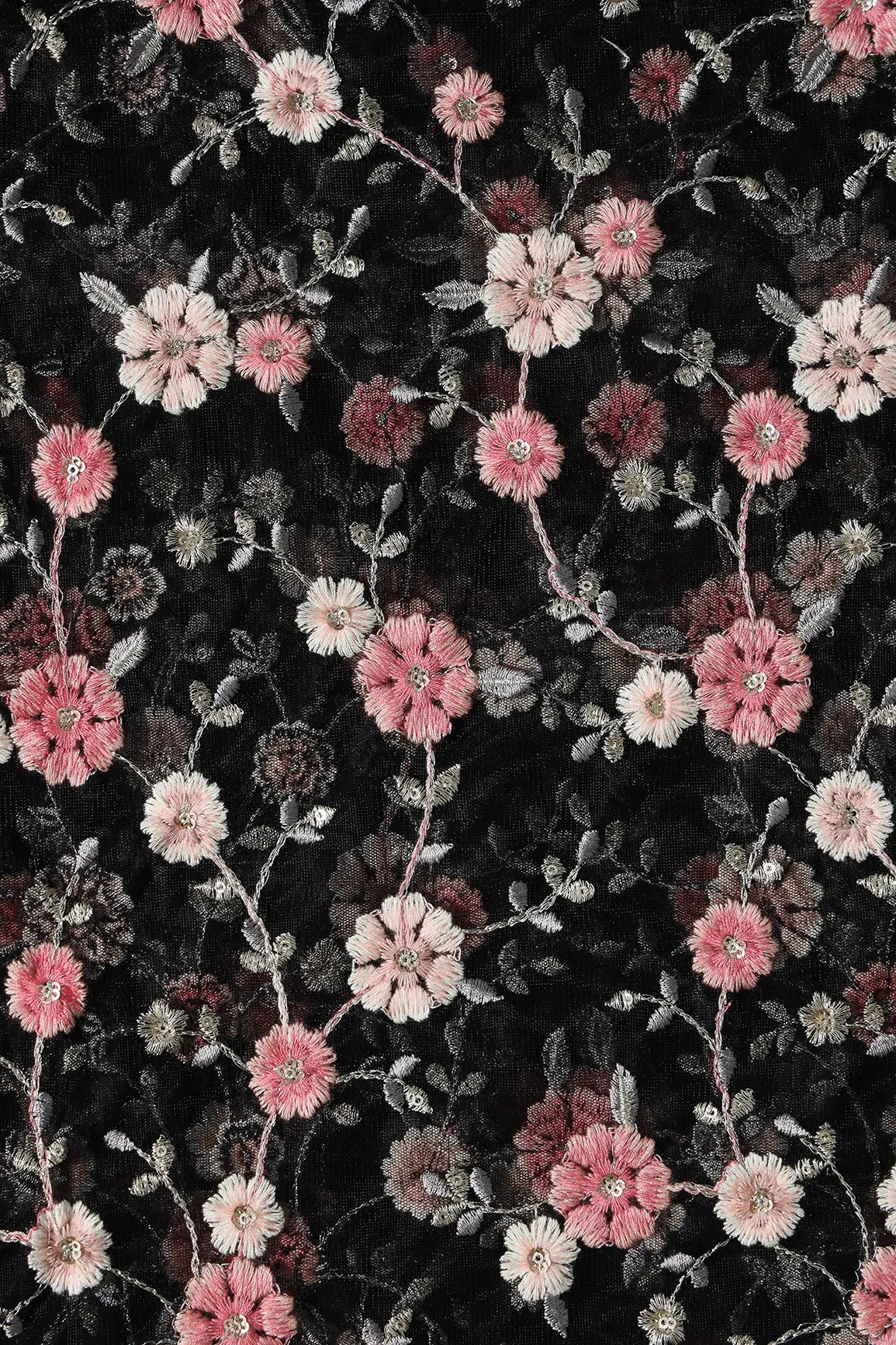 Pink And Cream Thread With Gold Sequins Floral Embroidery On Black Soft Net Fabric