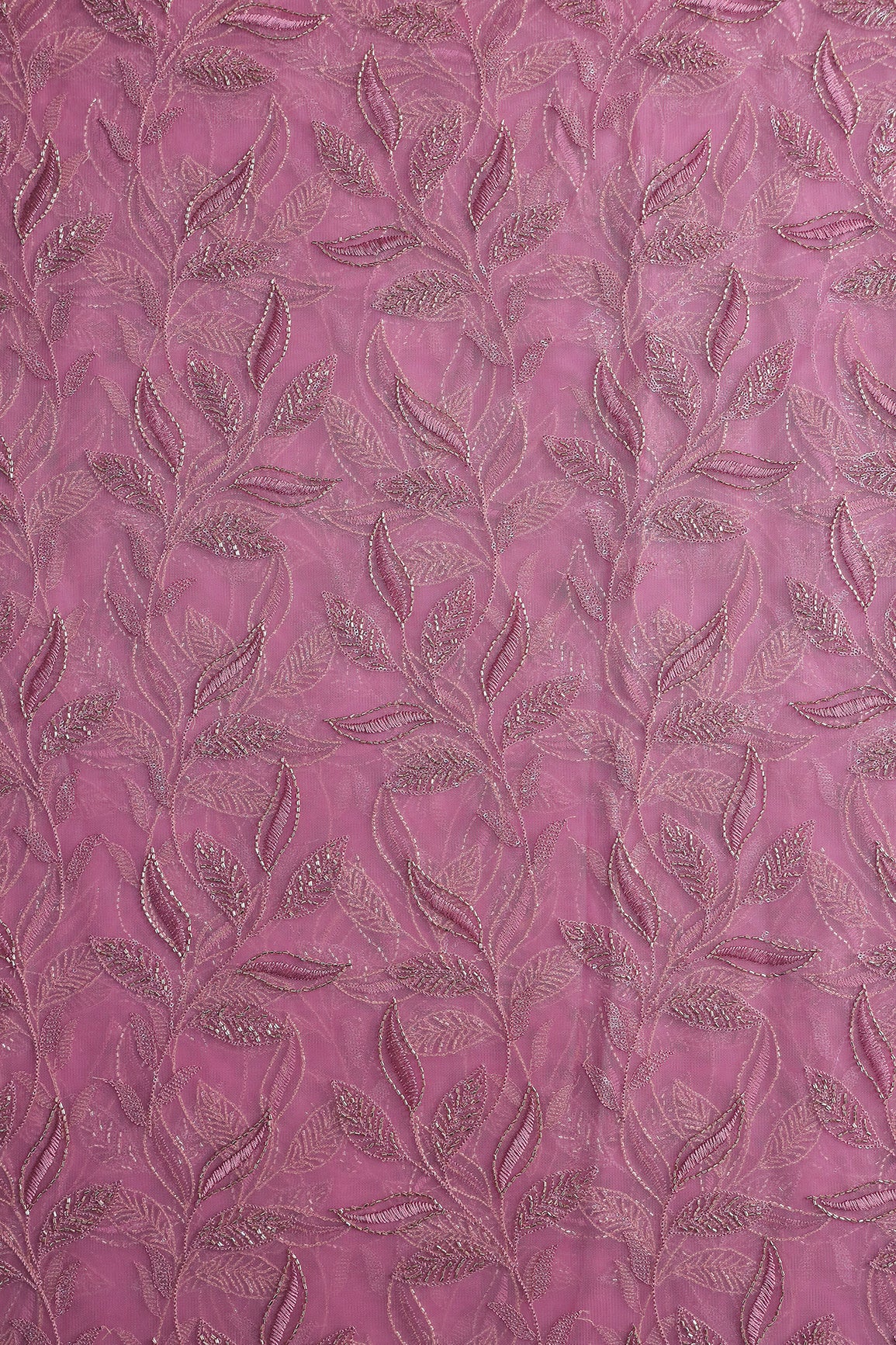 Onion Pink Thread & Beads With Water Sequins Leafy Embroidery Work On Onion Pink Soft Net Fabric