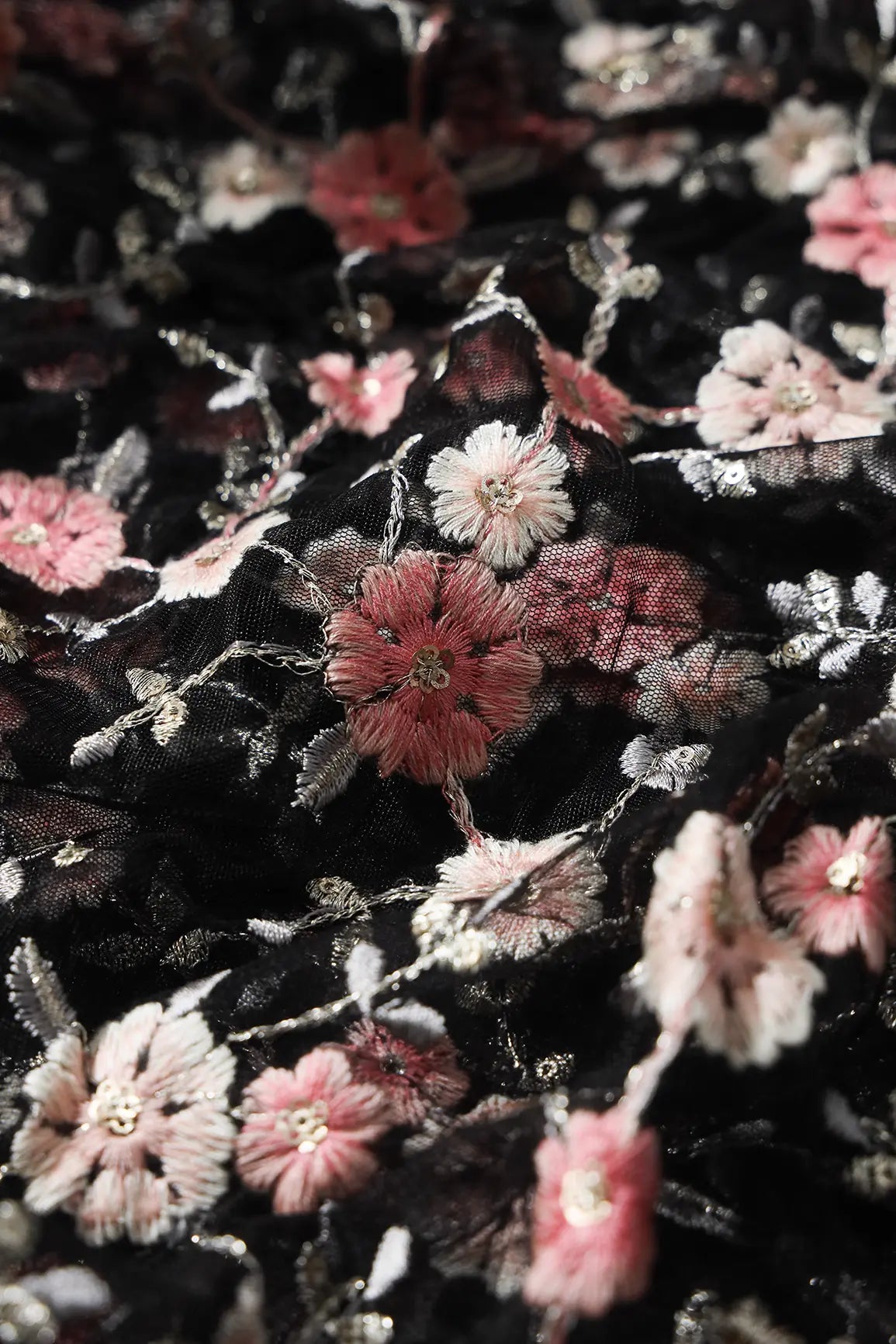 Pink And Cream Thread With Gold Sequins Floral Embroidery On Black Soft Net Fabric