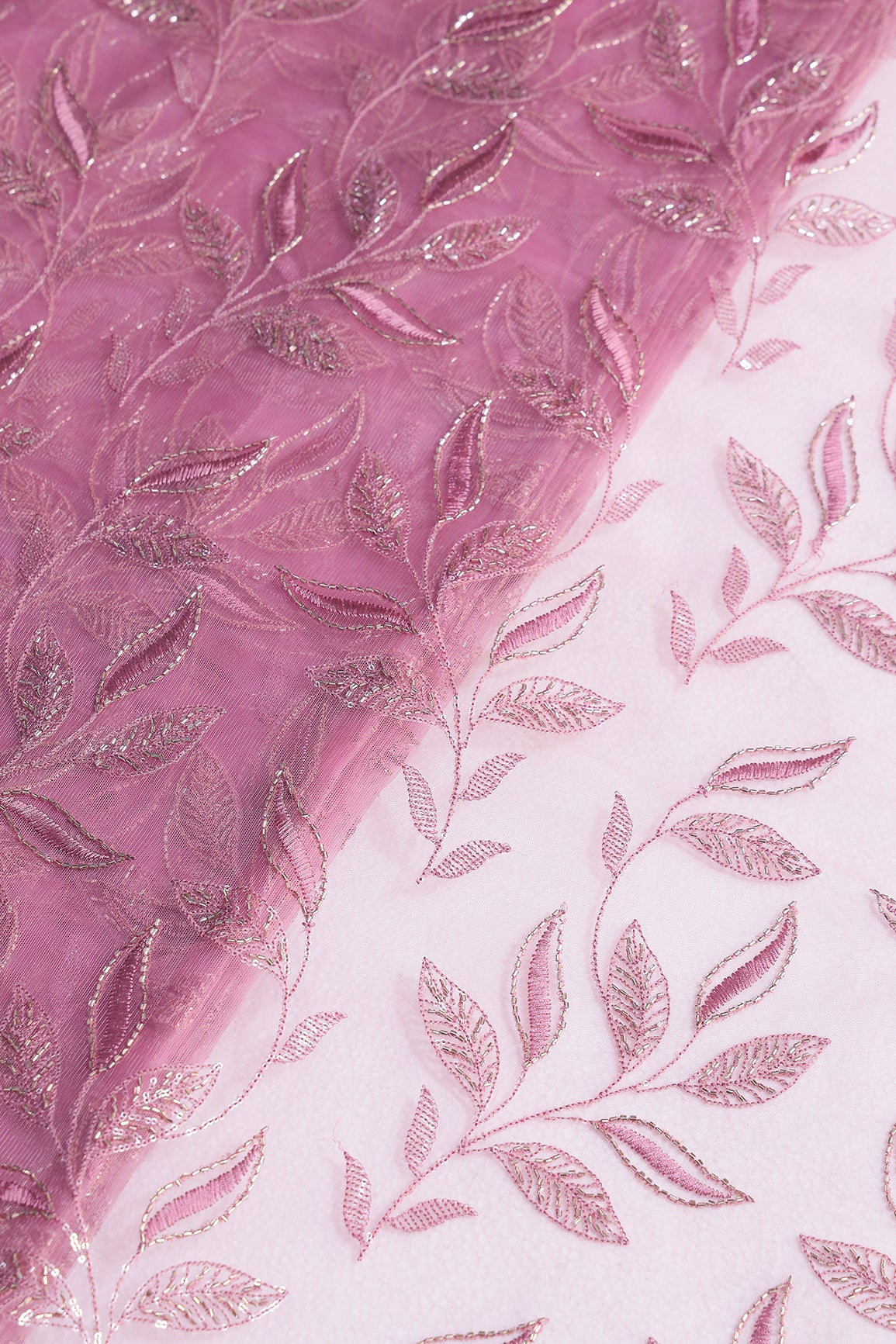Onion Pink Thread & Beads With Water Sequins Leafy Embroidery Work On Onion Pink Soft Net Fabric